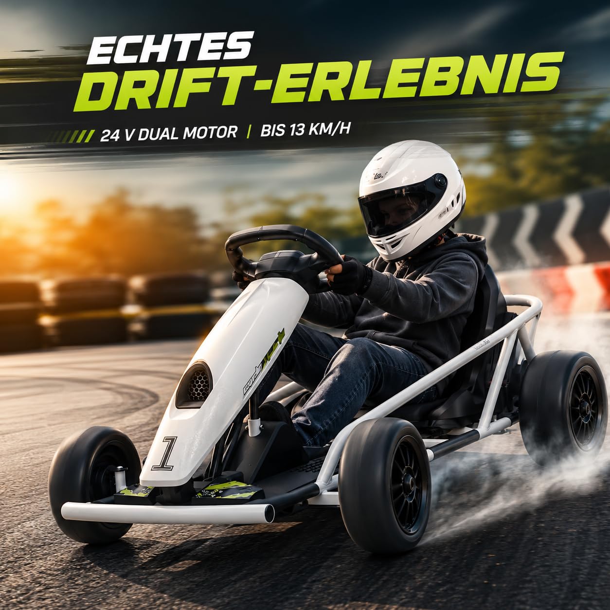 IDEALHOUSE Elektro GoKart 24V, Kinderfahrzeug Mit Drift-Funktion | 24V Kinder Elektro GoKart mit 2x300W Motoren, Drift-Funktion, Sicherheitsgurt, Sanftanlauf, Musik und verstellbarem Sitz