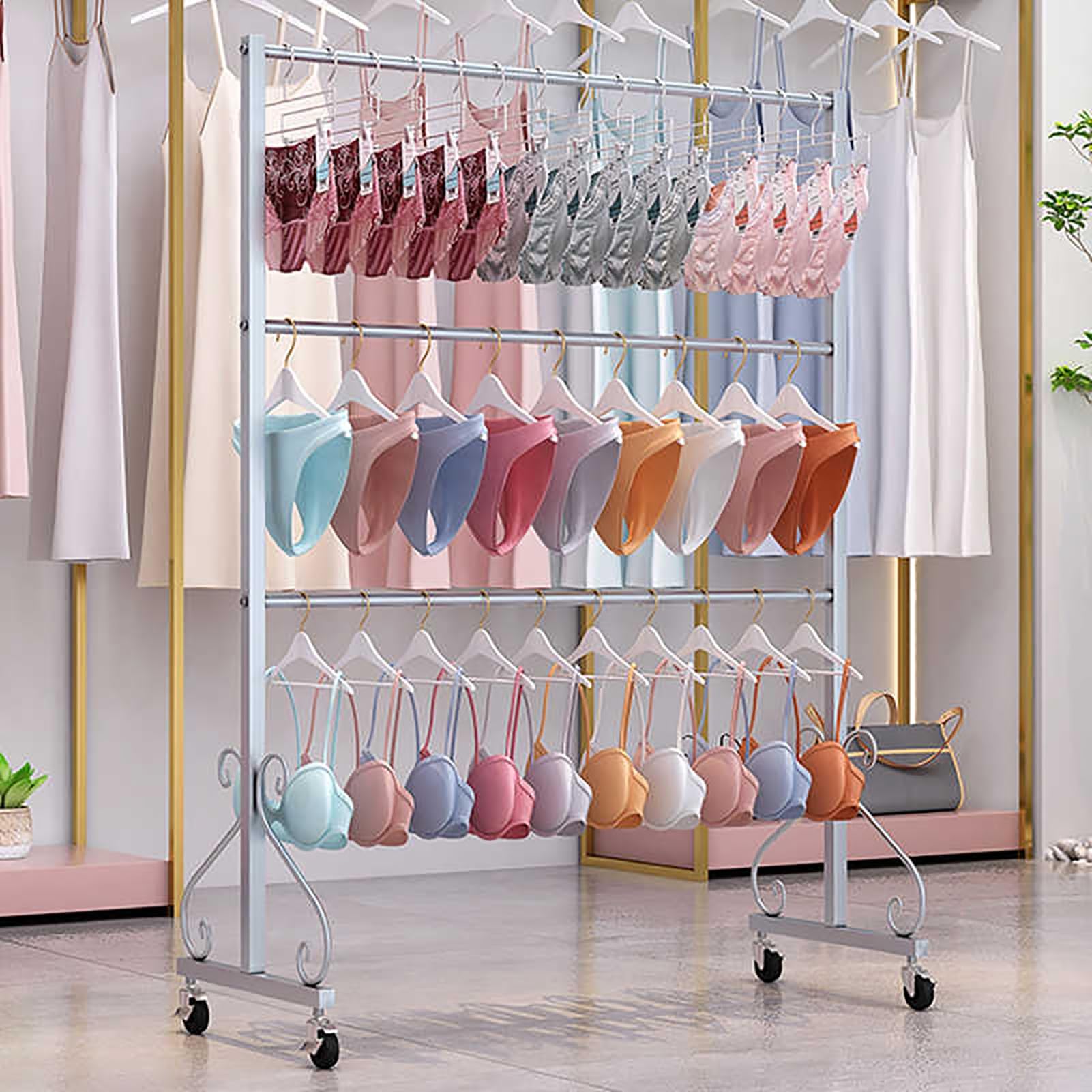 Jkjzsalj Silver Commercial Lingerie Center Island Rack,Clothing Store Underwear Rack,Retail Store Panty Shorts Bra Display Stand,Floor-Standing Garment Hanger Organizer For Boutique,-60X40x130cm