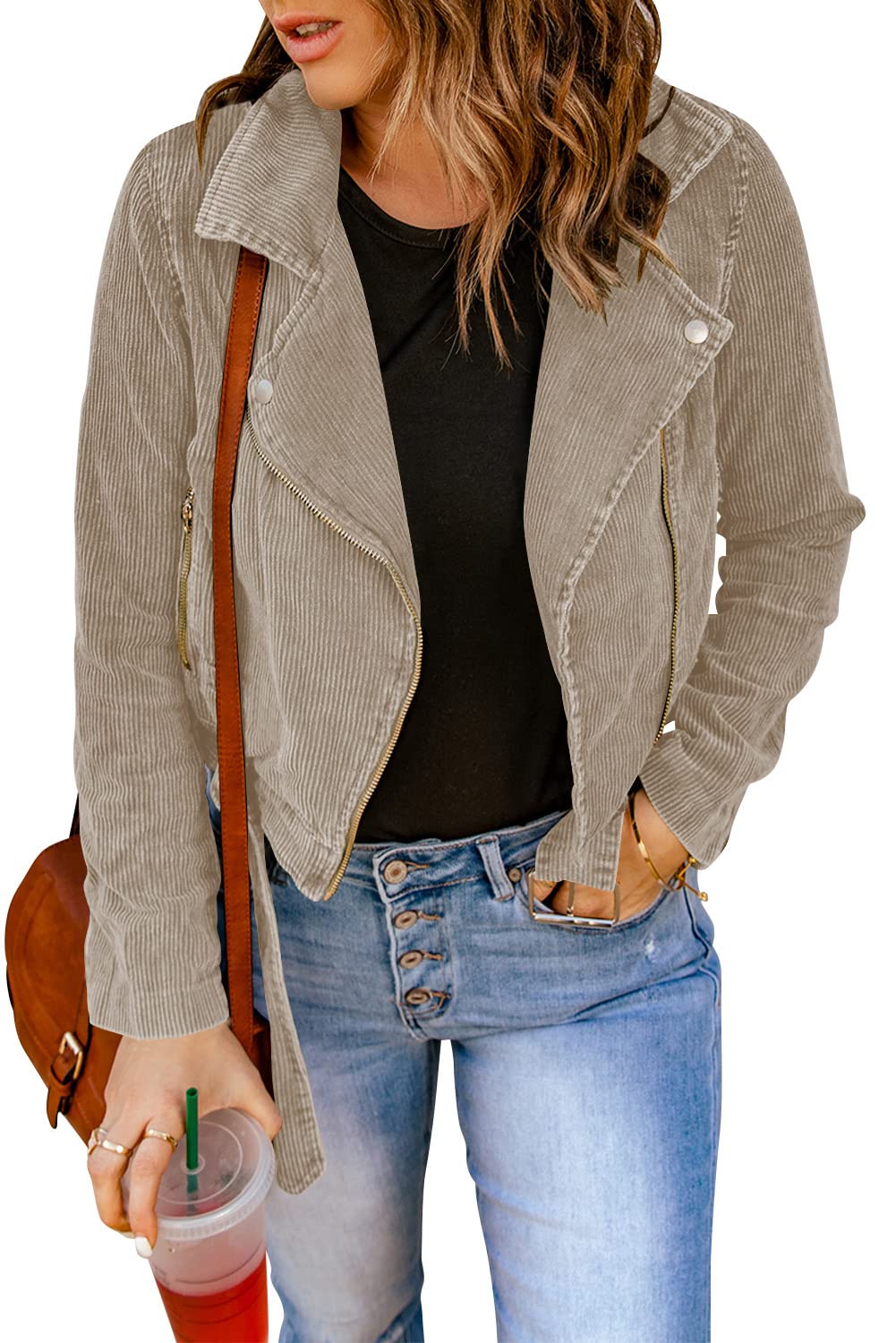 DokotooWomens 2023 Winter Fall Outfit Zip Up Corduroy Short Jackets Coats with Belt