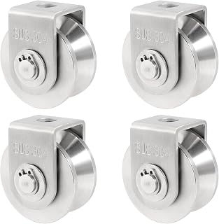 SEUNMUK 4 PCS 2 Inch V Groove Wheel, 304 Stainless Steel Double Bearing Sliding Gate Roller Wheel, V Shape Guide Pulley Track Wheel with Mounting Bracket for Swing and Sliding Gate, 660 lbs Capacity