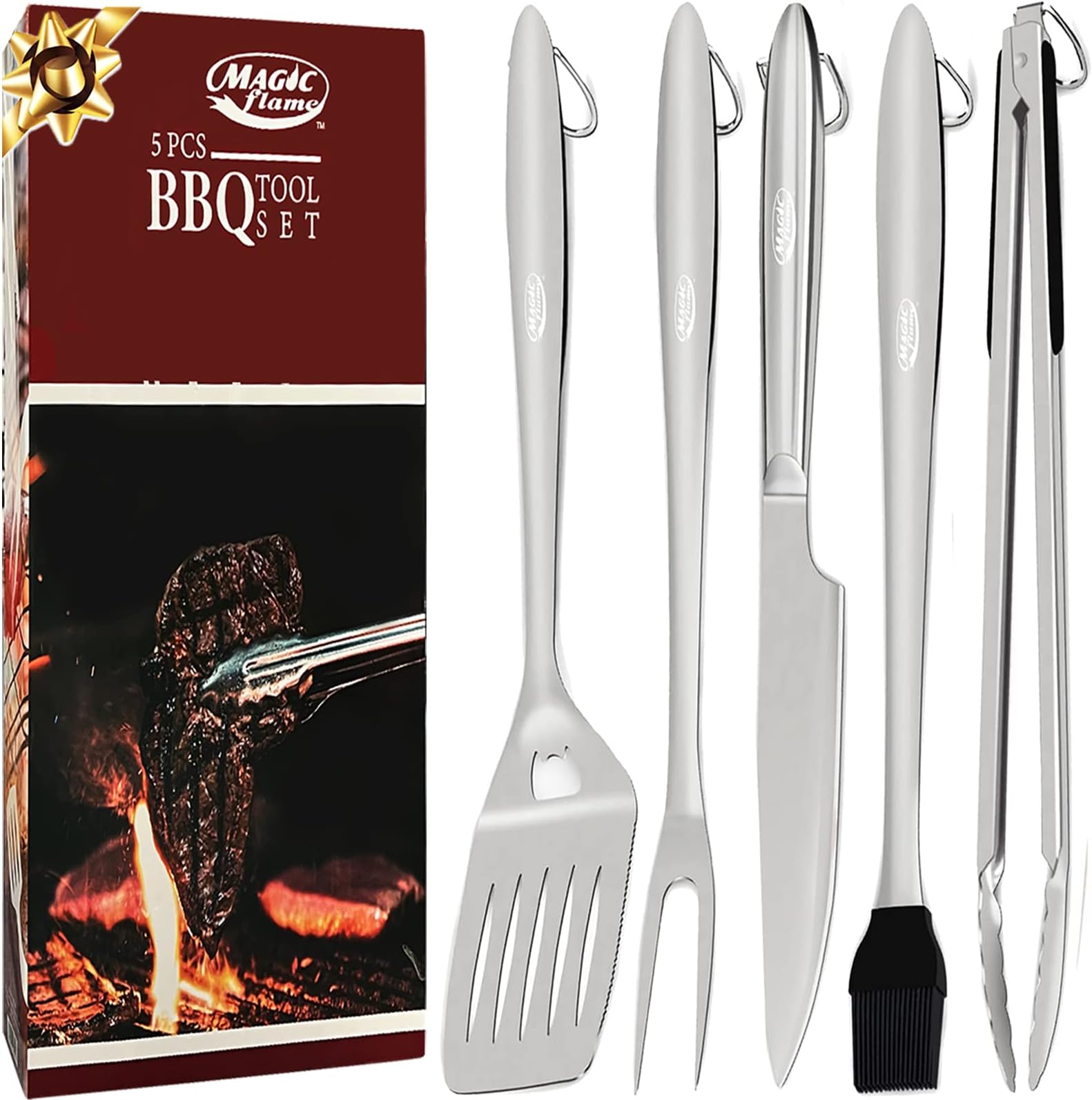 5PC Grill Set, Stainless Steel Grill Tools Ideal Gift Set for Men, 18" Heavy Duty BBQ Accessories with Spatula, Fork, Knife, BBQ Brush and Tongs, Grill Utensils Set for Outdoor and Camping