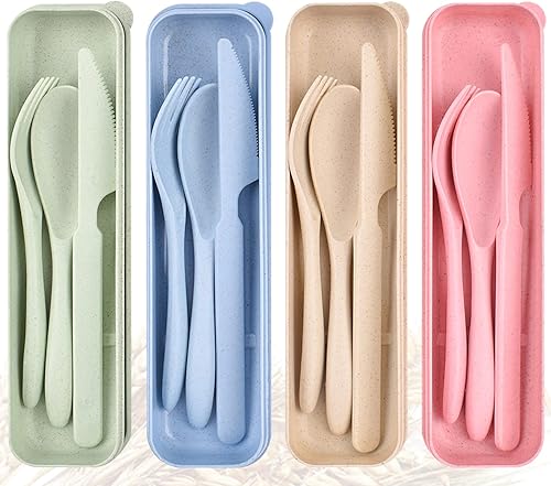 Juego de utensilios de viaje reutilizables con estuche, 4 juegos de paja de trigo, cuchillo portátil, tenedor, cucharas, vajilla, cubiertos
