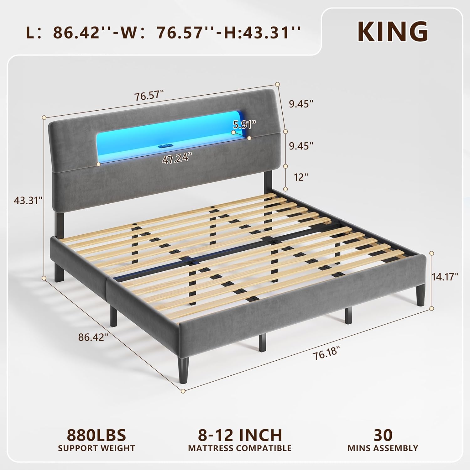 Homkdom King Bed Frame with Ergonomic Storage Headboard, Upholstered Bed Frame with LED Lights & Charging Station,Unique Open-Design,NO Noise, Easy Assembly, No Box Spring Needed,Grey