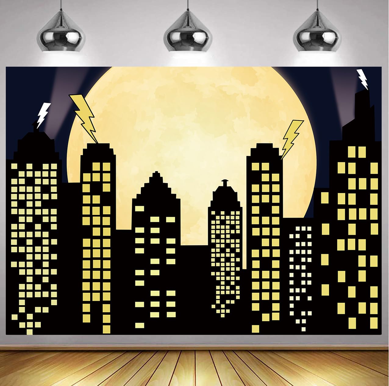 Super City Photography Backdrop 8x6FT Yellow Full Moon Skyline Cityscape Superhero Background City Theme Boys Birthday Party Banner Decorations Photo Props - View #3