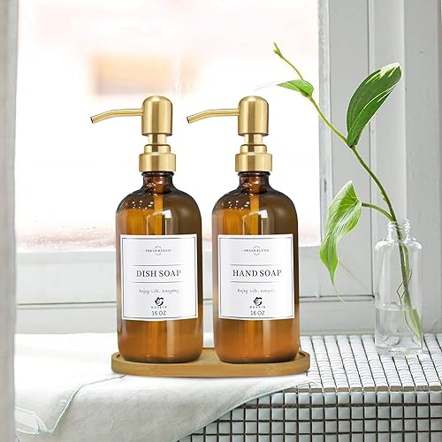 Paquete de 2 dispensadores de jabón de vidrio ámbar, bomba de acero inoxidable a prueba de óxido, botellas de ámbar de granja de 16 onzas de grosor