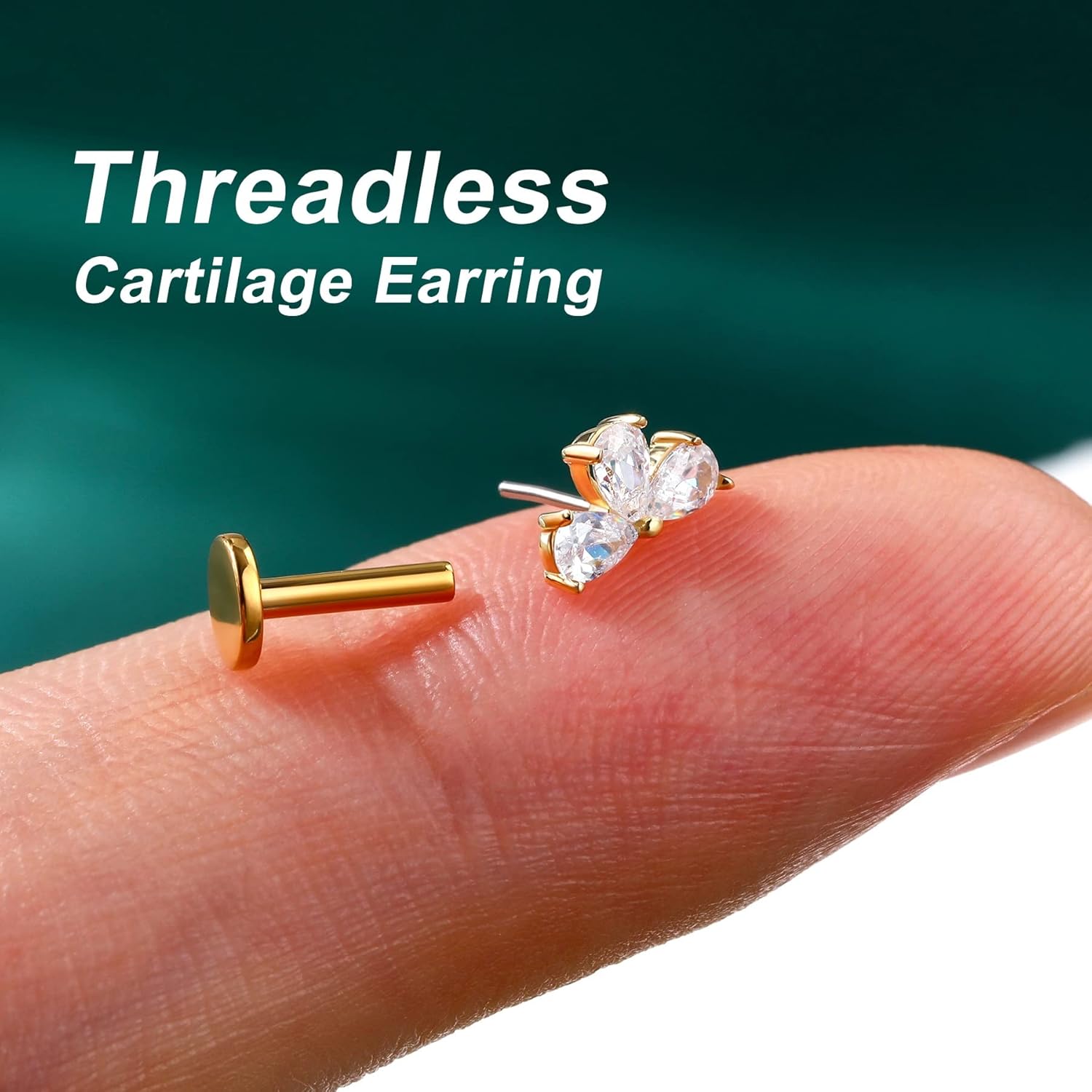 Cocharm 14K Solid Gold Cartilage Earring - 16g Flower Yellow Gold Flat Back Helix Stud, 14K Gold Push in Tragus Earring, Threadless Conch Stud - Image 3