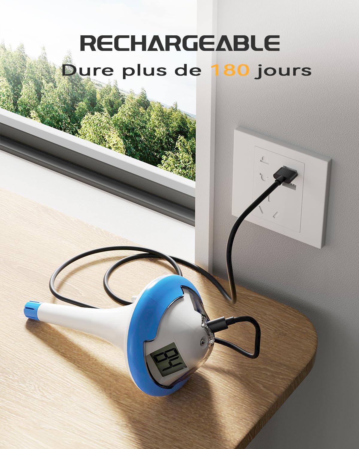 BALDR Termometro da piscina ricaricabile galleggiante con due schermi digitali e grandi cifre per piscina, vasca idromassaggio, sorgente calda, acquario (blu)
