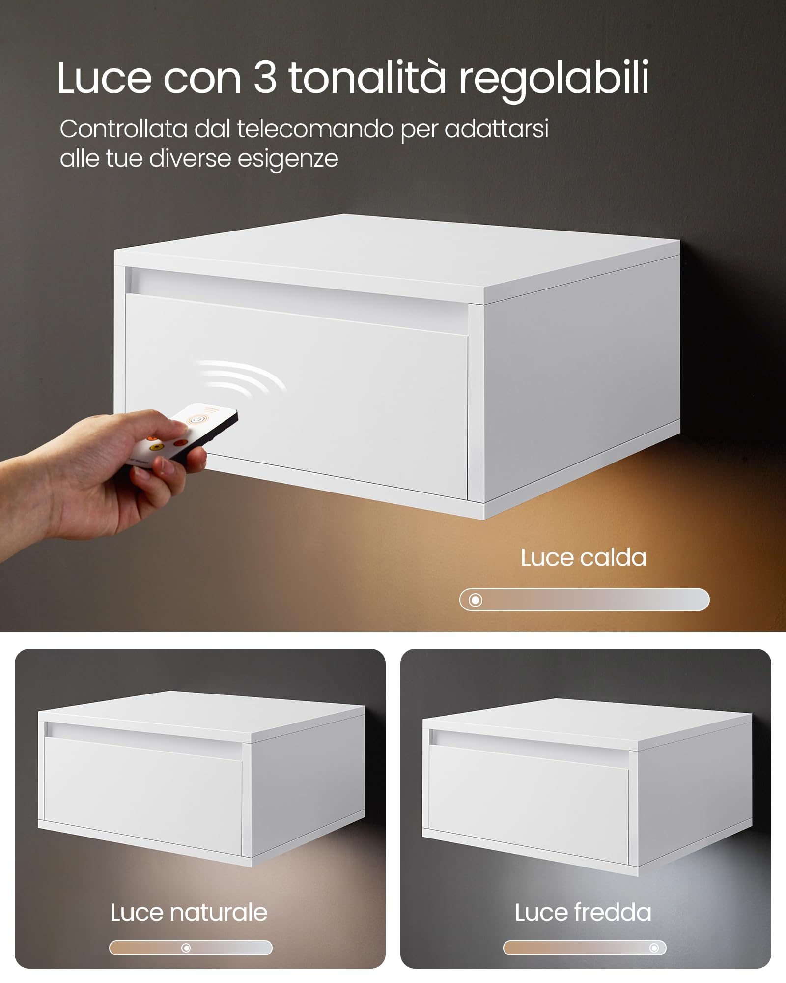 VASAGLE KAILYN Collezione - Comodino Pensile, Set di 2 Comodini Sospesi, Luce Regolabile, Cassetto, Mensola da Parete, 35 x 40 x 18 cm, Moderno, Camera da Letto Soggiorno, Bianco Nuvola LET854W01