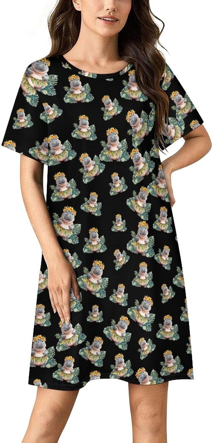 Cute Hippo Nightgowns for Women Short Sleeve Sleep Dress Casual Sleepshirt Night Gowns Pajamas