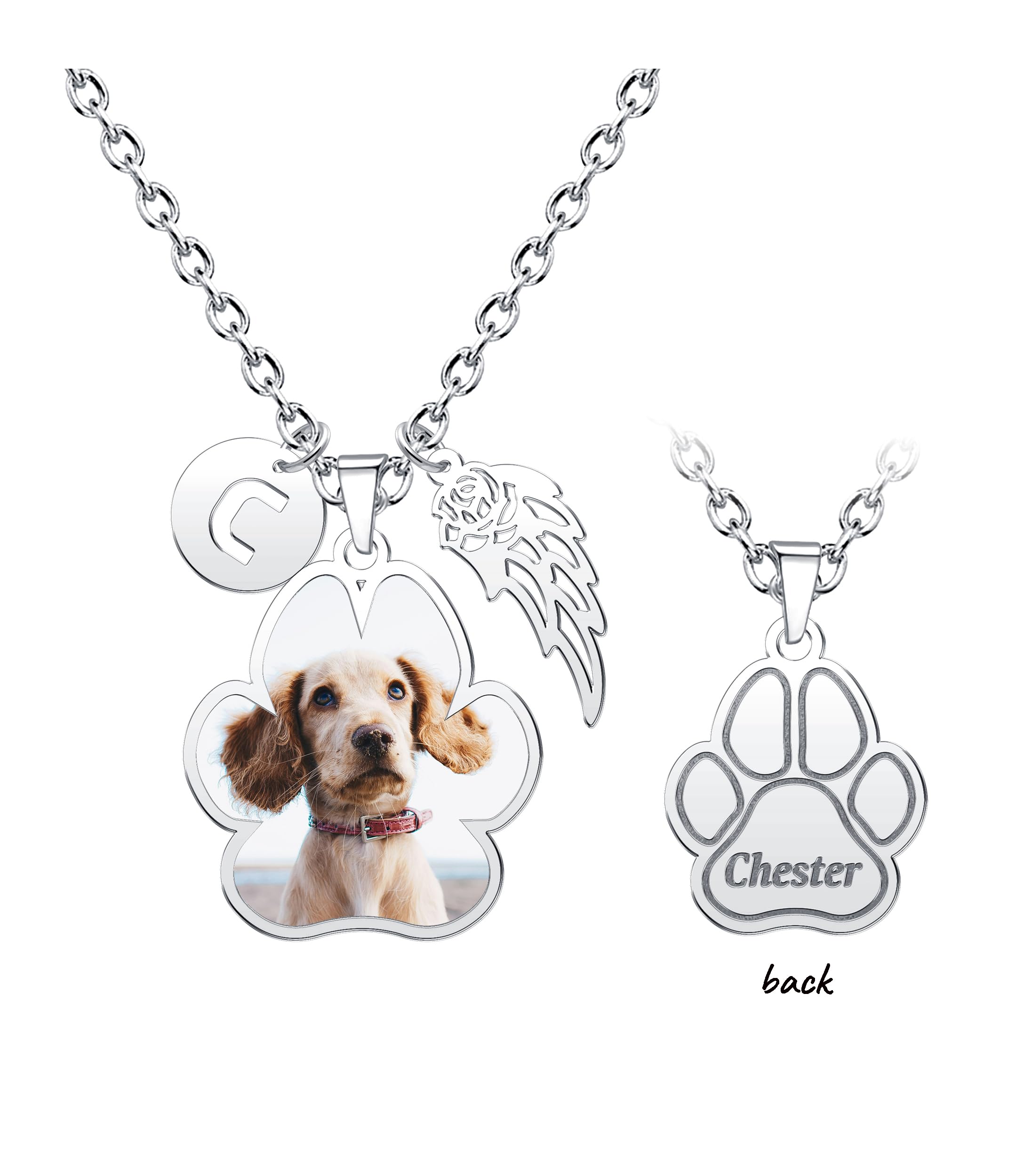 CharmSStory Pet Memorial Dog Paw Print Personalized Photo Necklaces Custom Engraved Name Necklace Memory Keepsake Picture Necklace Customized Pendant for Women Men