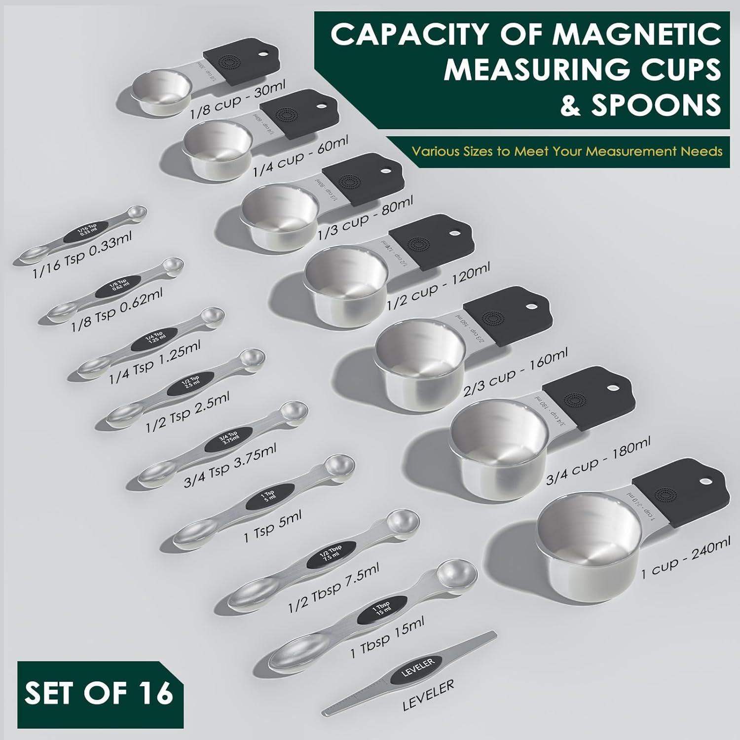 Magnetic Measuring Cups & Spoons Set, Heavy Duty 304 Stainless Steel, Double Measurement Markings, Strong N52 Magnet, Set of 16 with Leveler for Measure Dry & Liquid Ingredient, Dishwasher Safe, Black