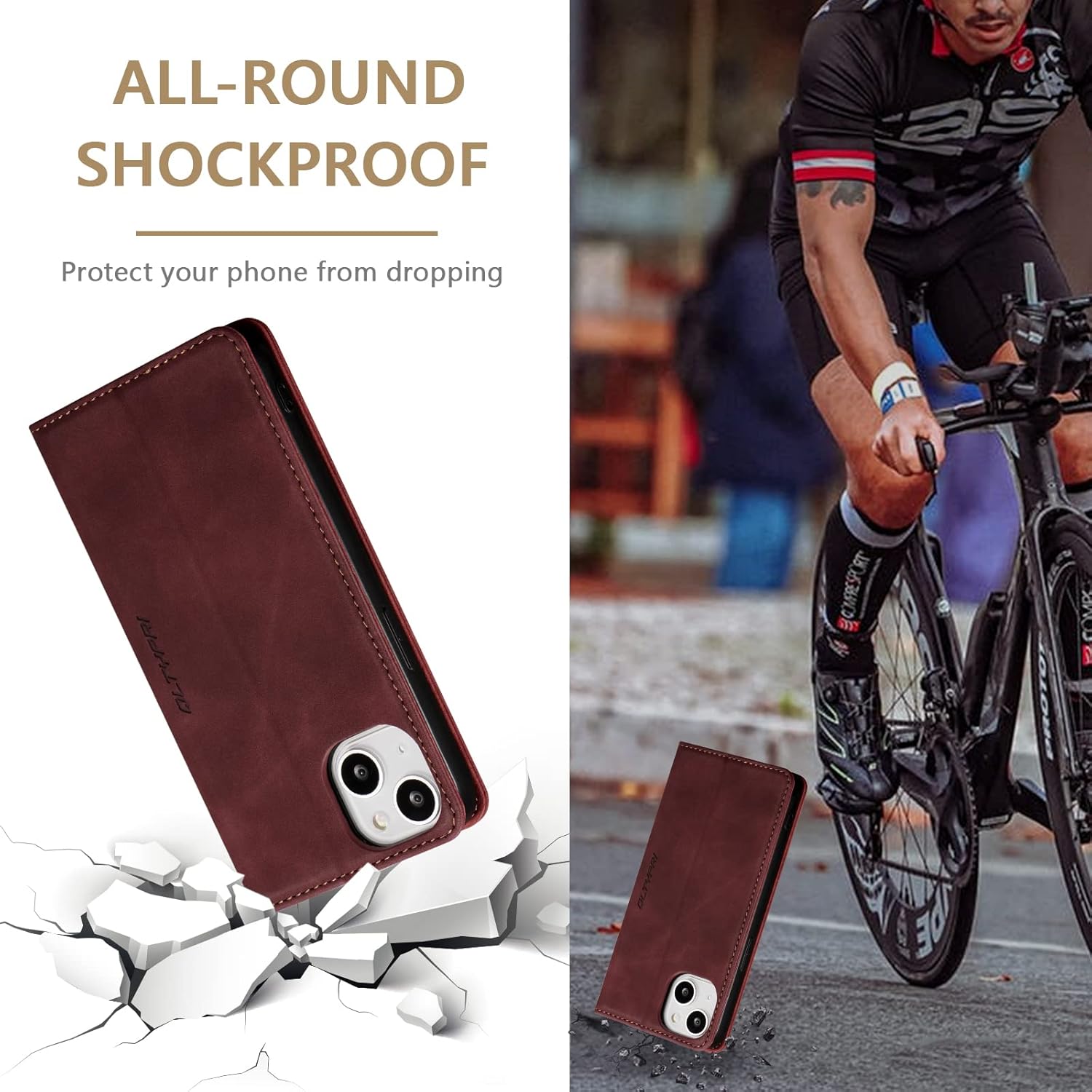 QLTYPRI Wallet Case for iPhone 13 [6.1 Inch], Vintage Folio PU Leather Case with Card Slots Magnetic Closure Kickstand Flip Shockproof Phone Cover for iPhone 13 - Wine Red - Image 5