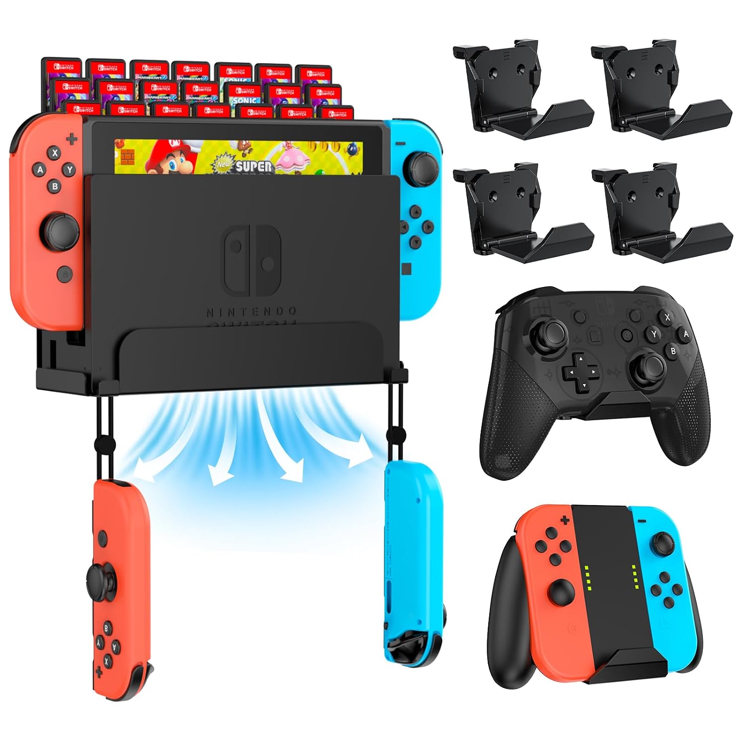 Wall Mount for Switch with 28 Game Cards Holder and 6 Pack Controller Wall Mount for PS5, Xbox, Switch Controller Wall Mount Stand for Switch and Controller (Black)