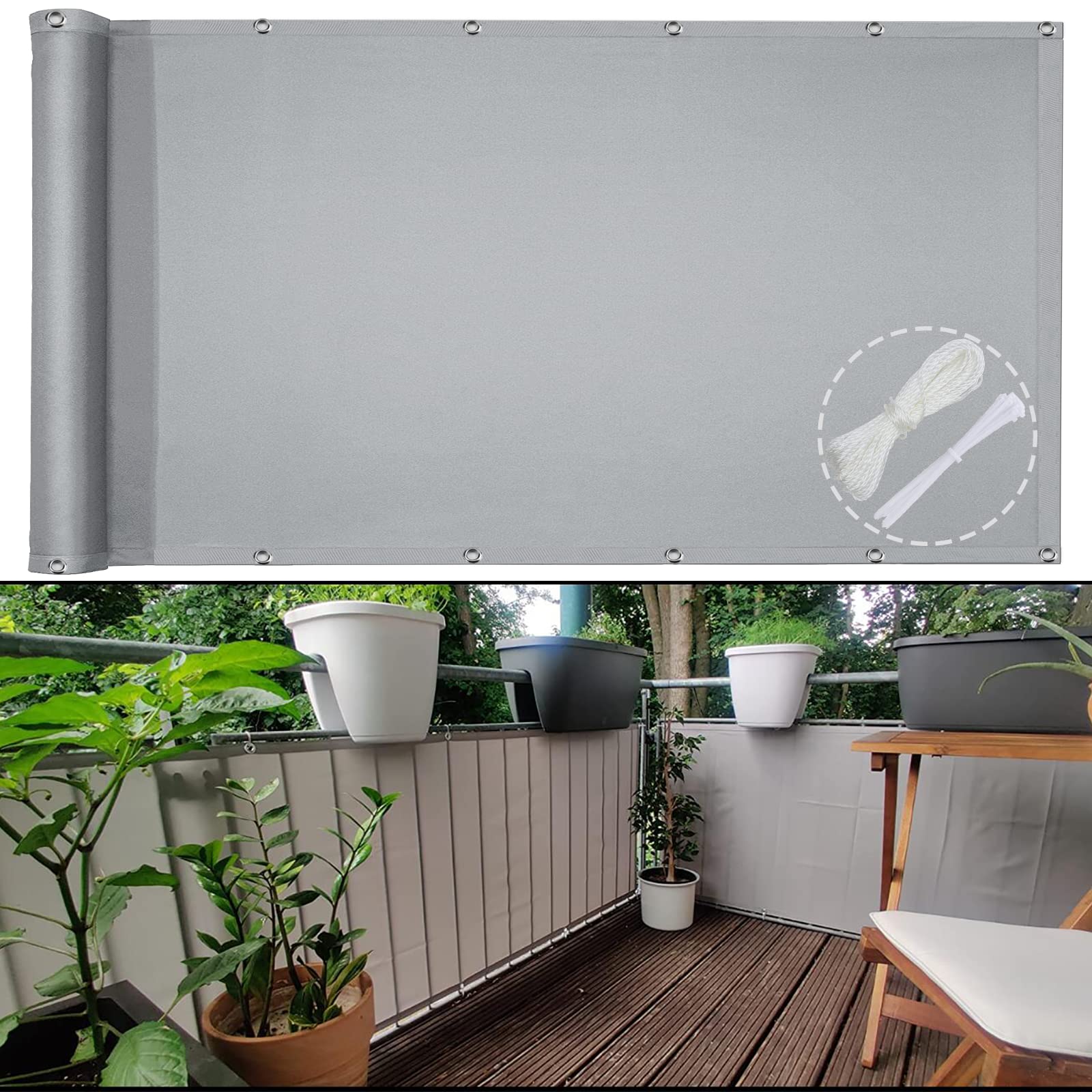 Telo per la privacy per balcone 135 x 200 cm opaco impermeabile antivento protezione UV grigio chiaro