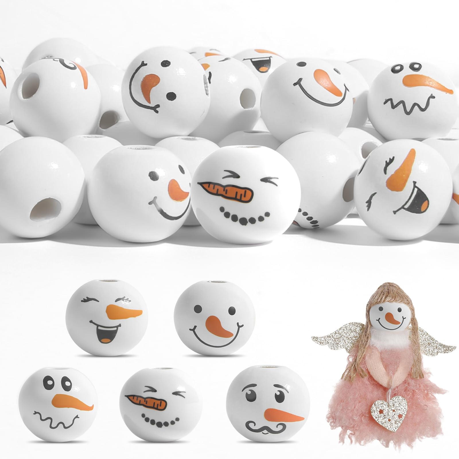100 Stück Schneemann Holzperlen mit Gesicht 20mm (5 Designs) - Weihnachtsmann Holzkugeln Bastelset für DIY Schmuck Weihnachtliche Handwerksperlen