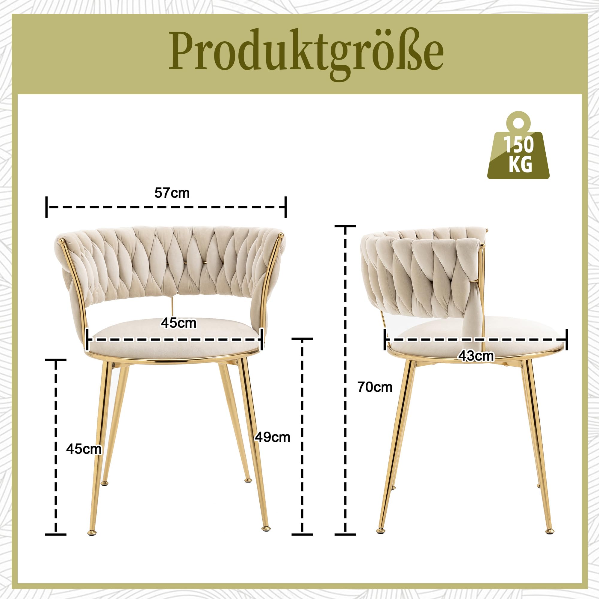Samt Stuhl, Schalenstuhl mit Armlehne, Esszimmerstühle, Sessel Modern mit Goldenen Metallbeinen und Weichen Kissen für Esszimmer, Wohnzimmer und Schlafzimmer (2er-Set, Beige-2)
