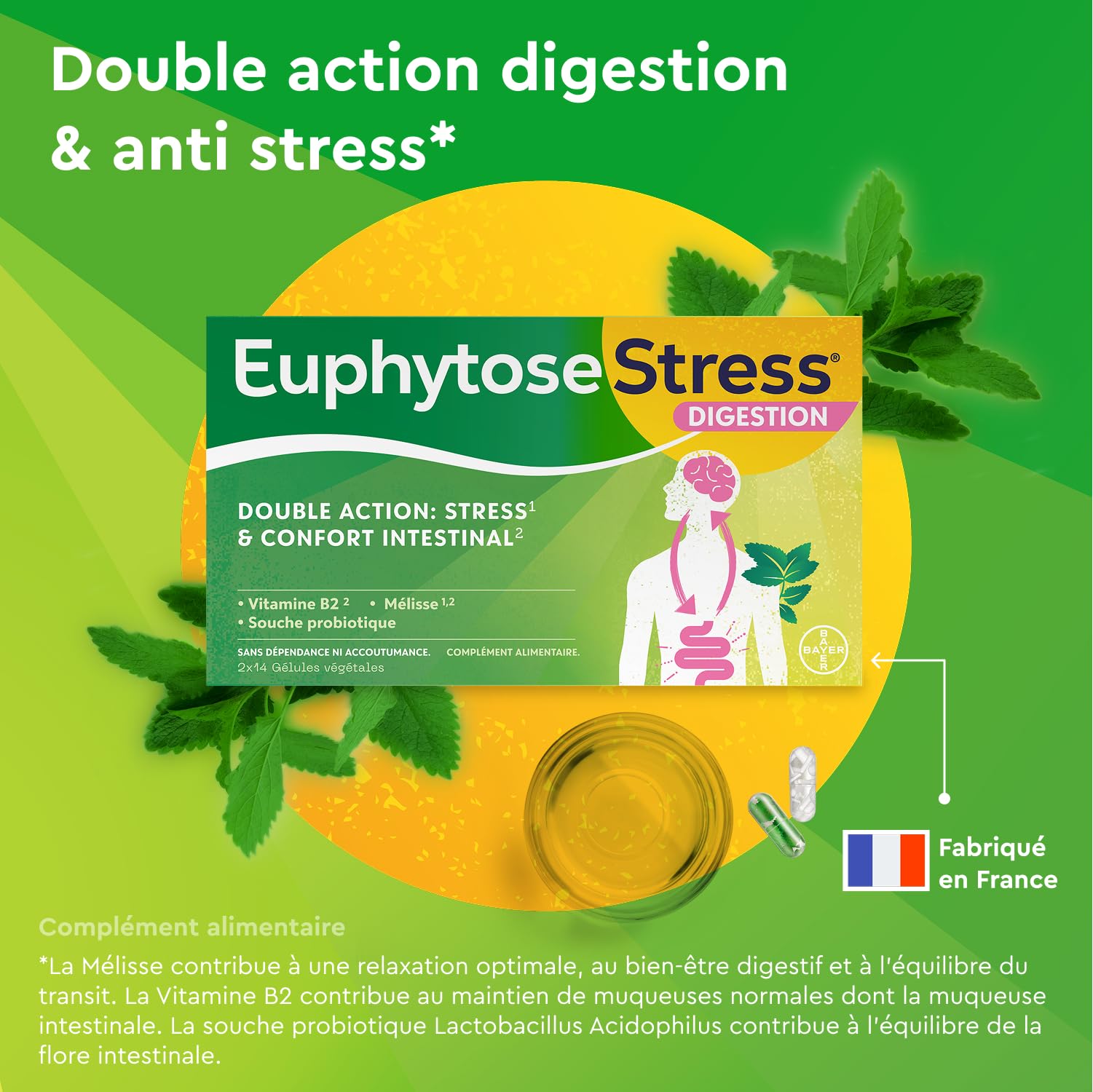 Euphytose Digestion & Anti Stress - Double Action Infoncort Intestinal & Anti Stress Adulte - Complément Alimentaire - Probiotique Flore Intestinale & Détox - Maxi Format 56 Gélules programme 1 Mois