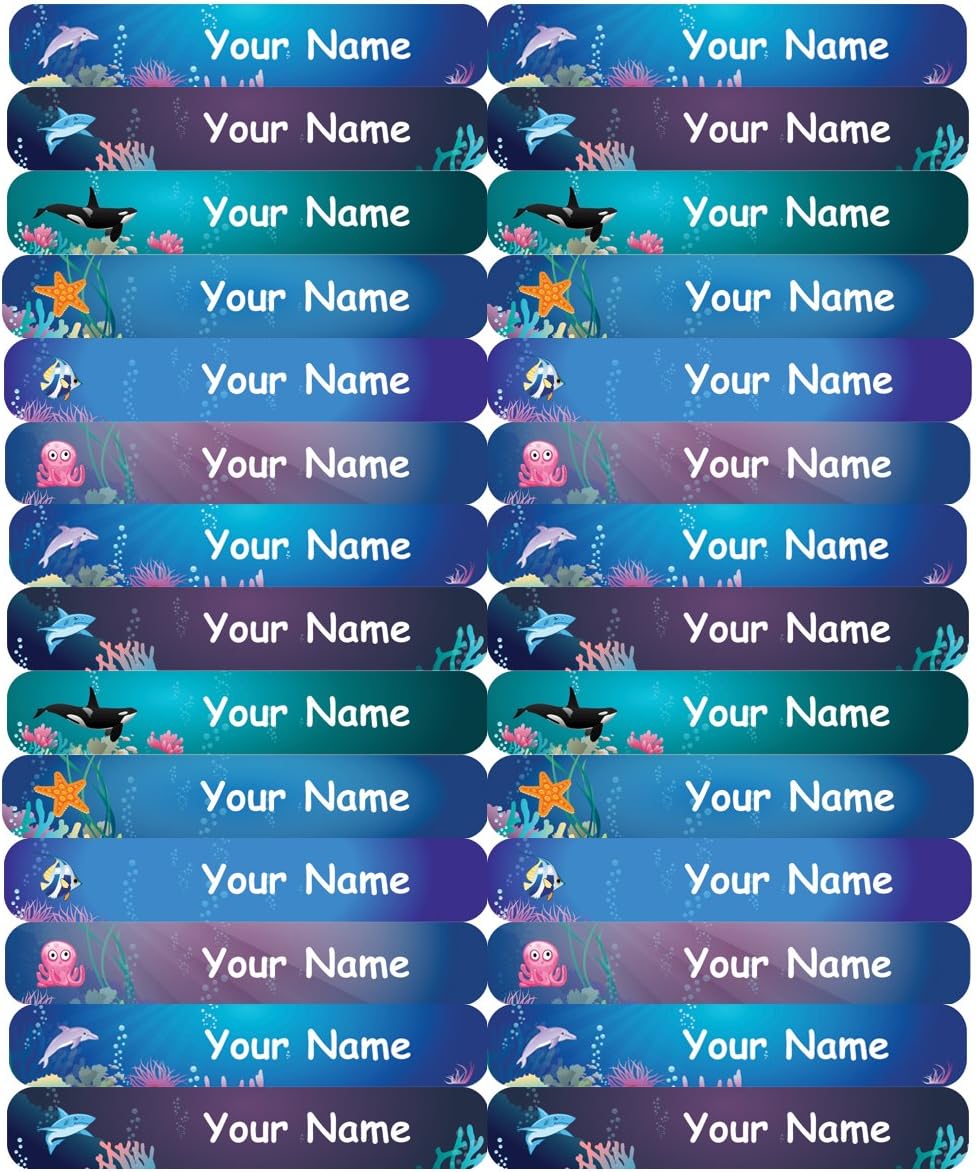 48 Personalized, Waterproof Skinny Labels for Kids (50x7mm) - Under The Sea Design