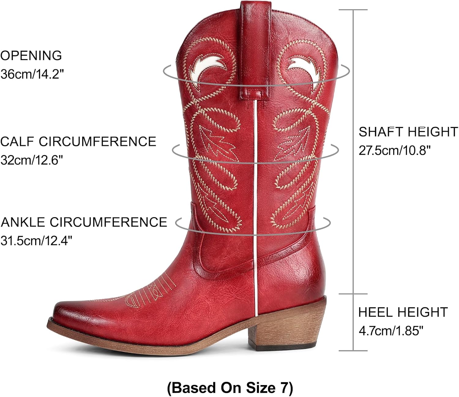 Cowboy Boots For Women - Mid Calf Pointed Toe Western Cowgirl Boots with Zipper Pull On, Chunky Heel, Vintage Faux Leather & Embroidery