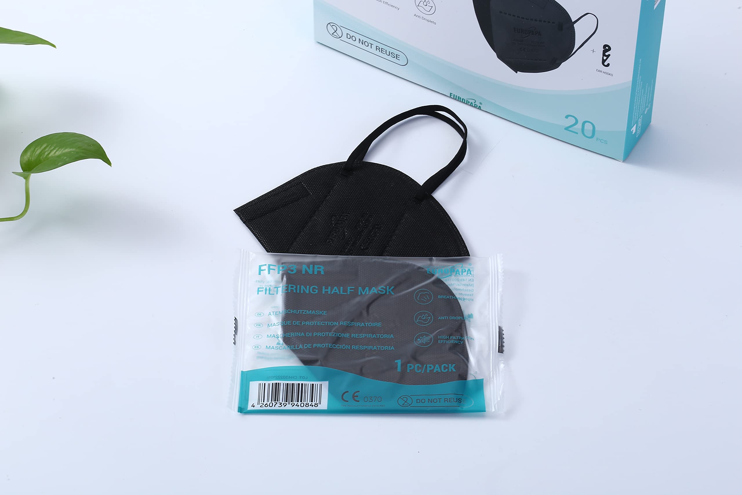 EUROPAPA® 20x Masques Noirs FFP3 Masque Respiratoire Masques Anti-PoussiÈRe 5 Couches HygiÉNique Corps EmballÉ Individuellement CertifiÉ EN149:2001+A1:2009 Masque Facial EU2016/425