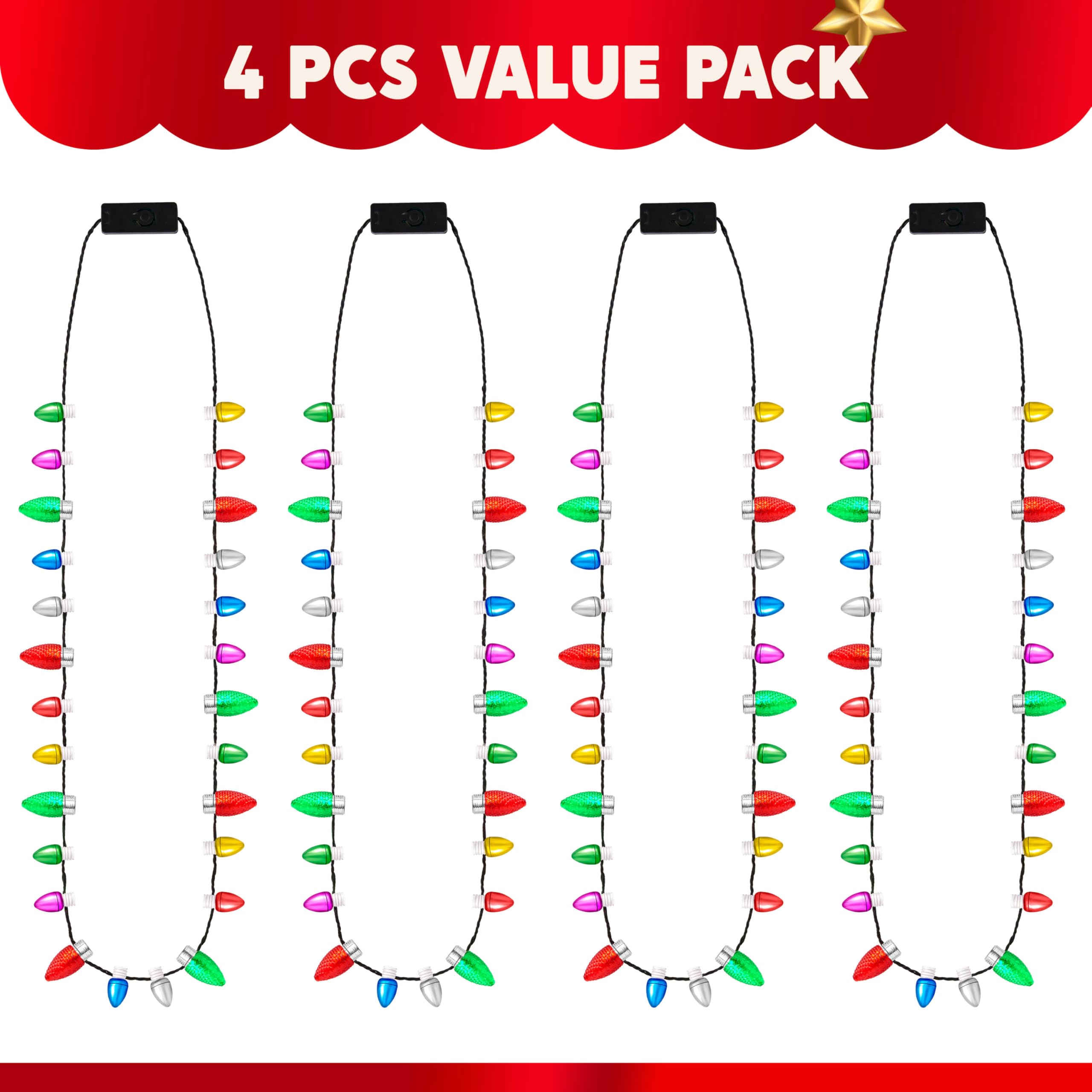 JOYIN Świąteczny mini naszyjnik z żarówkami LED, 4 sztuki, z 26 perłami i 8 świecącymi koralikami z 3 trybami oświetlenia, świecące naszyjniki na Boże Narodzenie (4 sztuki)