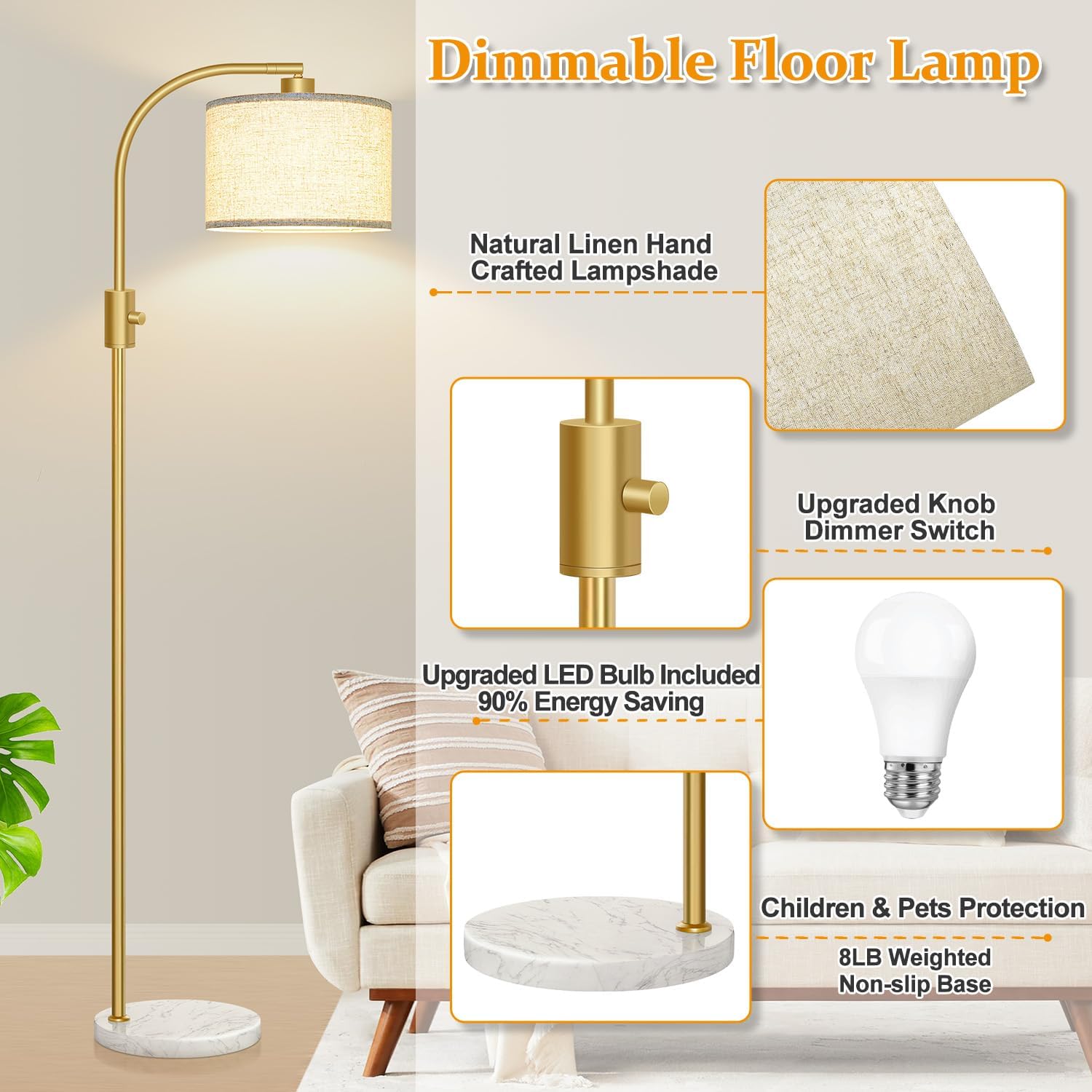 Nintiue Upgraded Modern Arc Dimmable Tall Standing Floor Lamp with Marble Base & Linen Shade, 1200 Lumens LED Bulb Included, for Living & Reading Room, Bedroom, Office & Nursery, Gold