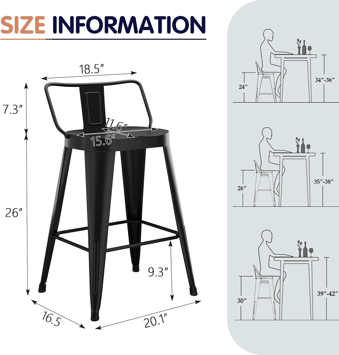 Aklaus Metal Bar Stools Set of 4 Counter Height Bar Stools for Kitchen Island Farmhouse Barstools with Removable Back 26" Indoor Outdoor Barstools, Matte Black