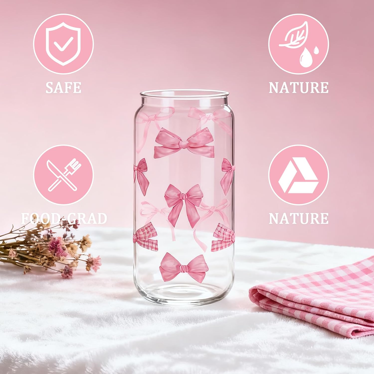 Pink Bow Glass Cup, Coquette Cute Girly Preppy Cups, Aesthetic Bow Iced Coffee Girly Mug, Teen Girl Gifts Trendy Stuff, Girlfriends Valentines Day Gift for Women, Bows Glass Cups with Lids and Straws - Image 3