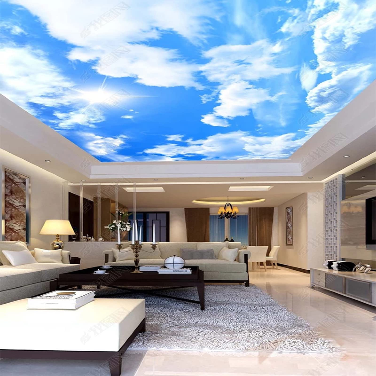 Papier peint panoramique 3D ciel bleu nuages blancs : décoration murale et plafond moderne