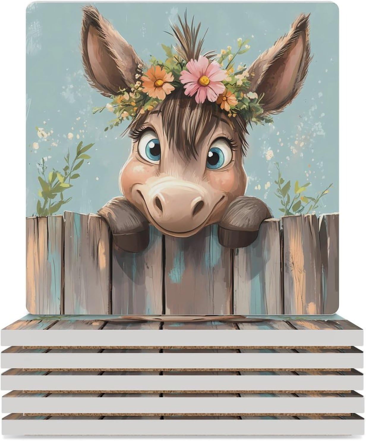 Farmhouse Donkey Floral Ceramic Coasters Set Square Drink Coasters Table Coaster for Kitchen Desktop Decor
