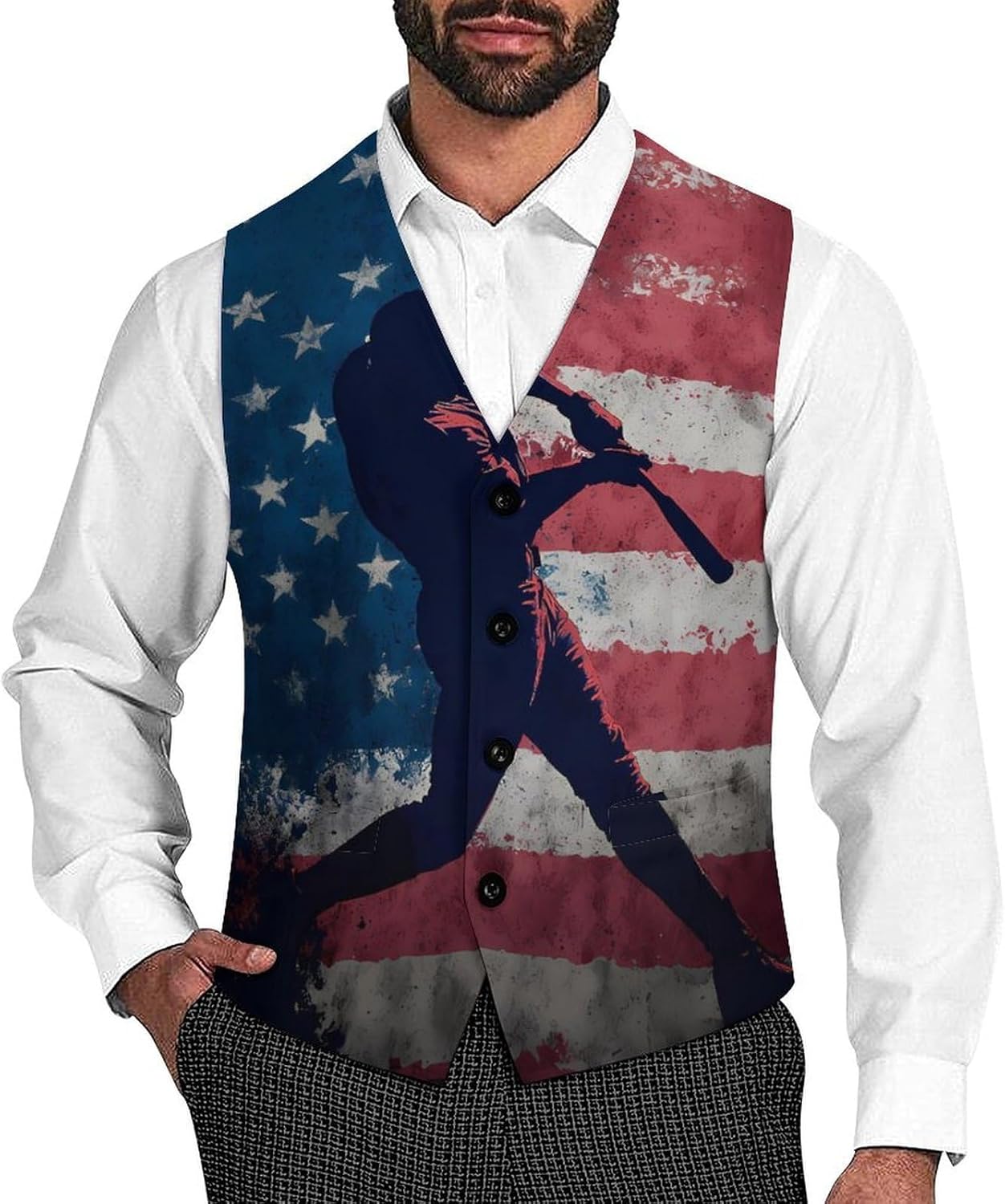 Vintage USA Flag Baseball Sports Men's Suit Vest Formal Vests Casual Dress Fit Waistcoat Casual Tuxedo for Business