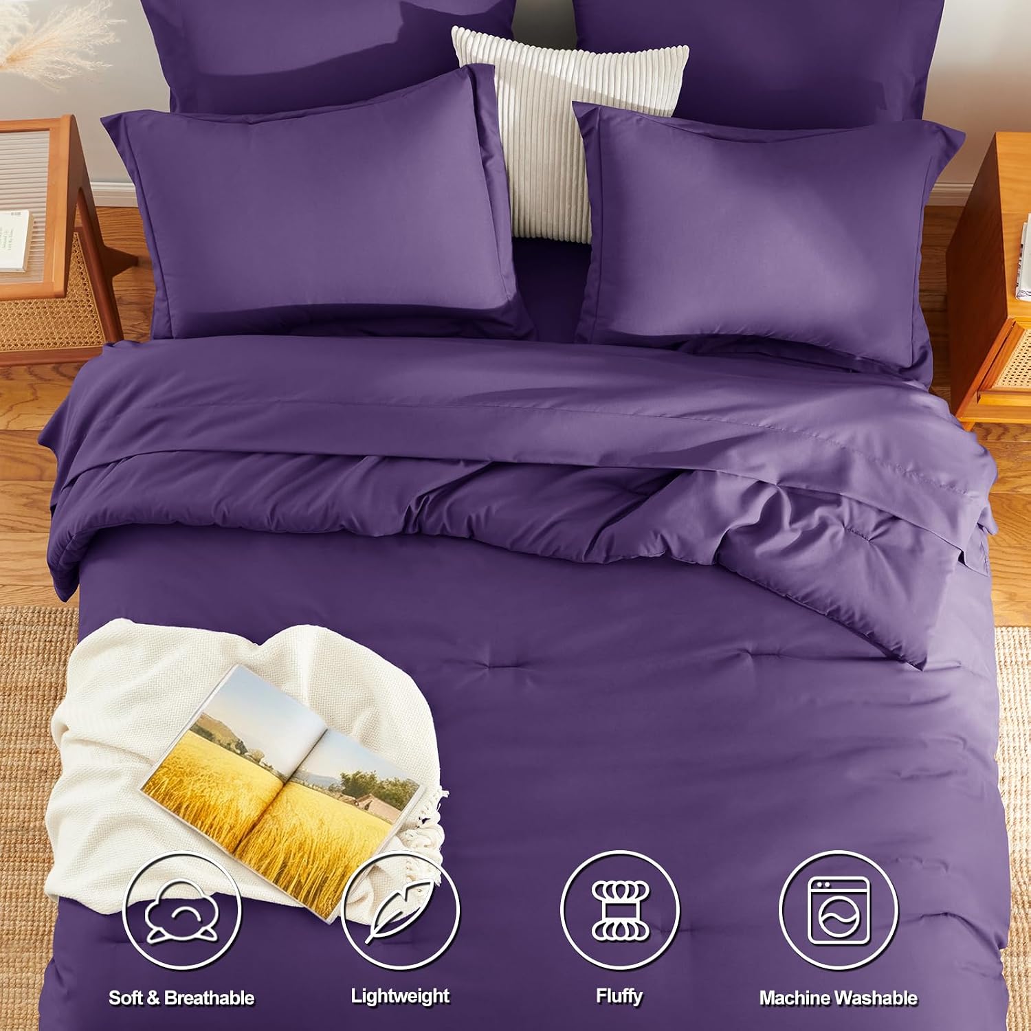 full size comforter sets - 7 pieces bed in a bag full, luxury comforter set with sheets for all season, bed set with comforter, flat sheet, fitted sheet, pillowcases & shams, purple purple full