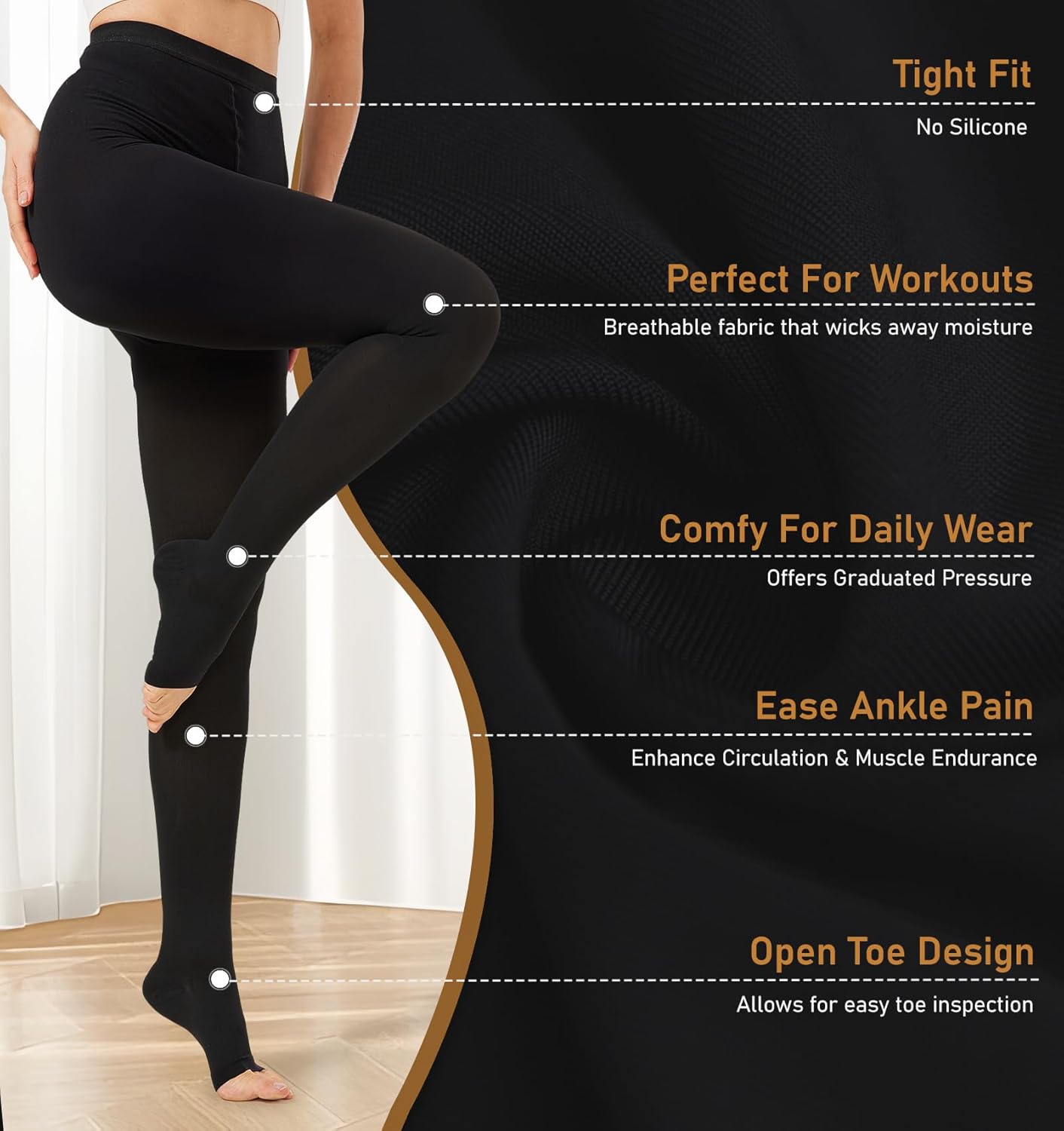 NURCOM 20-30 mmHg Compression Pantyhose for Women & Men, Open Toe Medical Compression Stockings, Waist High Opaque Compression Tights, Graduated Support for Varicose Veins, Edema, DVT, Post Surgery - Image 3