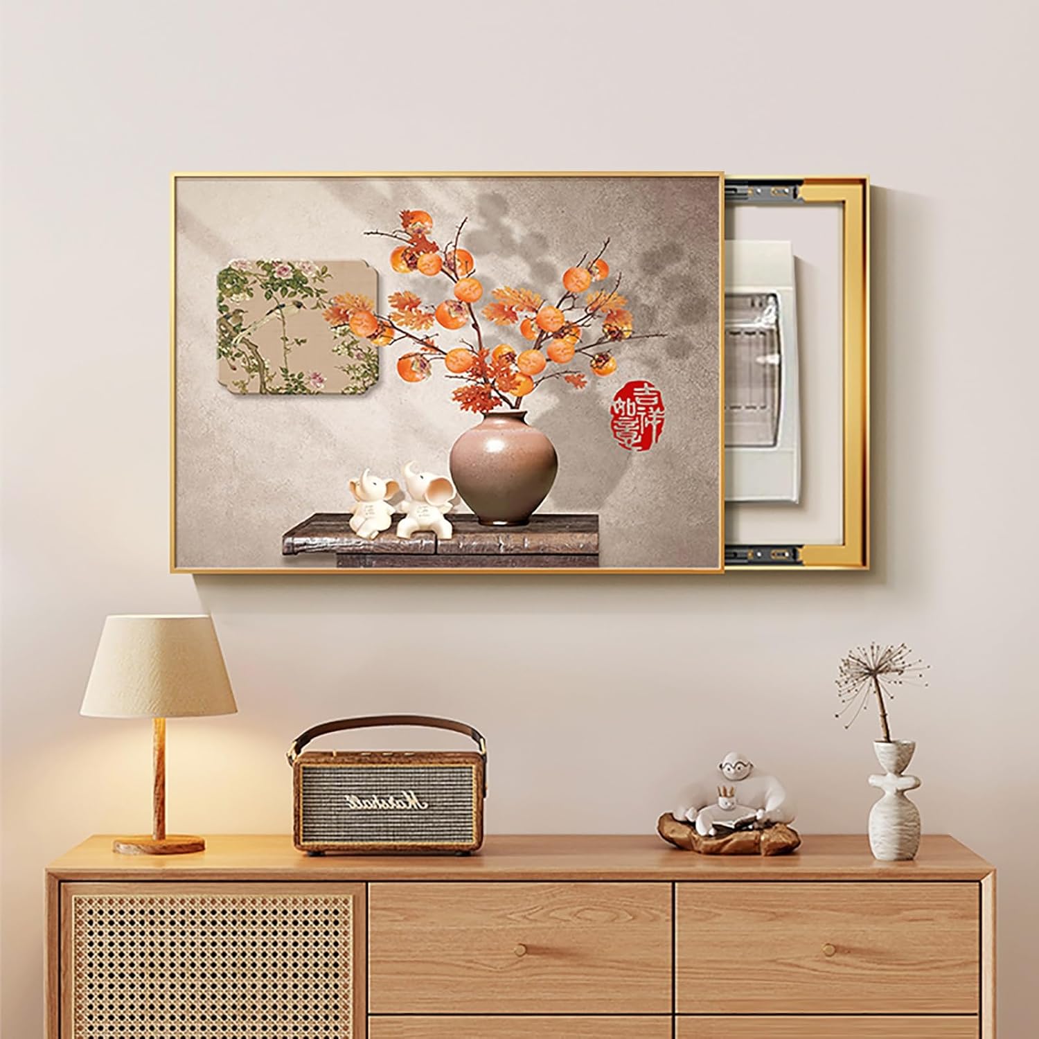 Meter Box Cover,Meter Box Decorative Painting,Open door solid wood,Mirror crystal surface，Breaker Box Cover Decorativ,Covering Hide Electrical Panel,Sliding door(Color17,50x40cm)