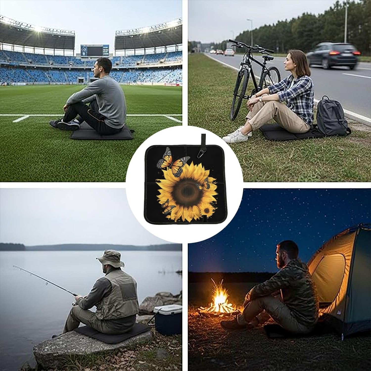 (Butterflies and Sunflowers) Sitting Pad Foldable Seat Cushion Lightweight Camping Seat Mat with Hook for Outdoor Hiking Picnic Camping