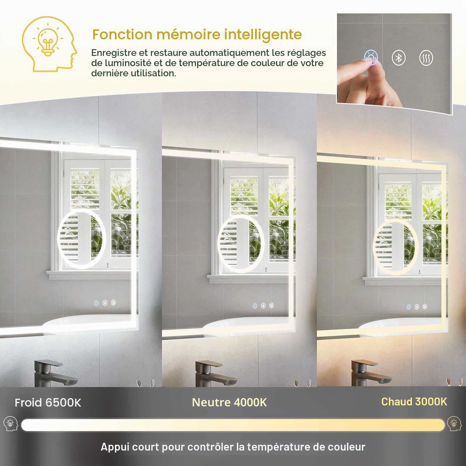 Miroir Salle de Bain avec Eclairage Bluetooth 70x50cm, Miroir LED avec Loupe 3X, Anti-buée, 3000K/4000K/6500K, Dimmable, Mémoire, IP44, Douille, Horizontal/Vertical