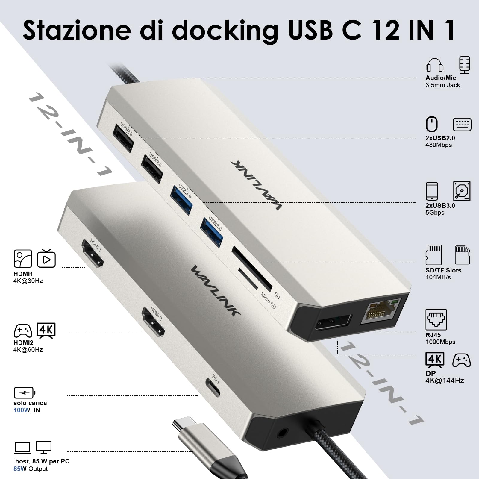WAVLINK Docking station USB-C per due monitor, docking station con due HDMI, DP, 100W PD, USB3.0&2.0, RJ45, slot SD/TF, audio/microfono, compatibile solo con computer Windows