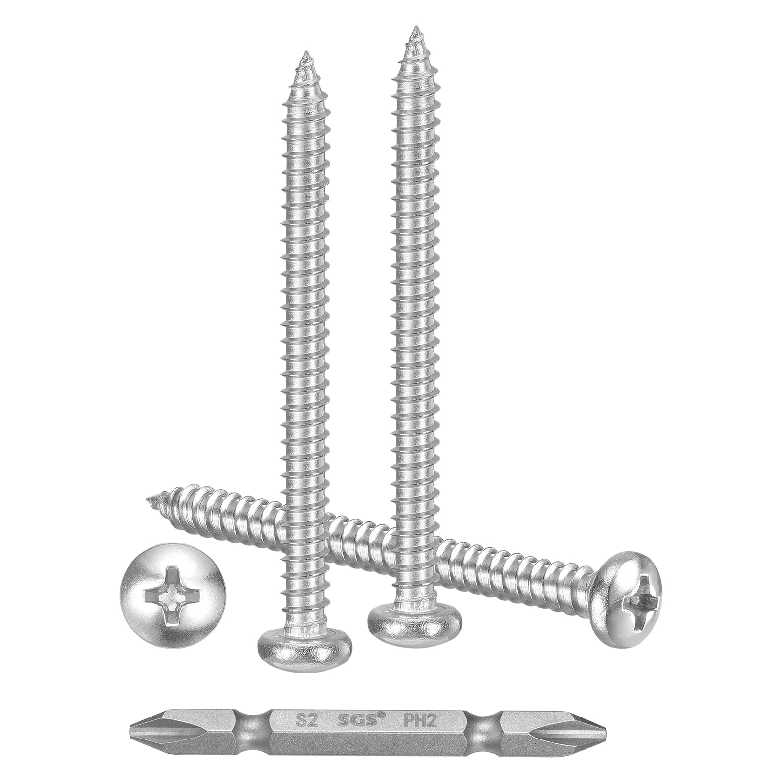 METALLIXITY Phillips Pan Head Self Tapping Screws(#8x2") 50Pcs, 304 Stainless Steel Self Drilling Screw for Metal Wood Plastic with Bit, for Cabinet Wall Shutter Plate Rock Furniture, Silver