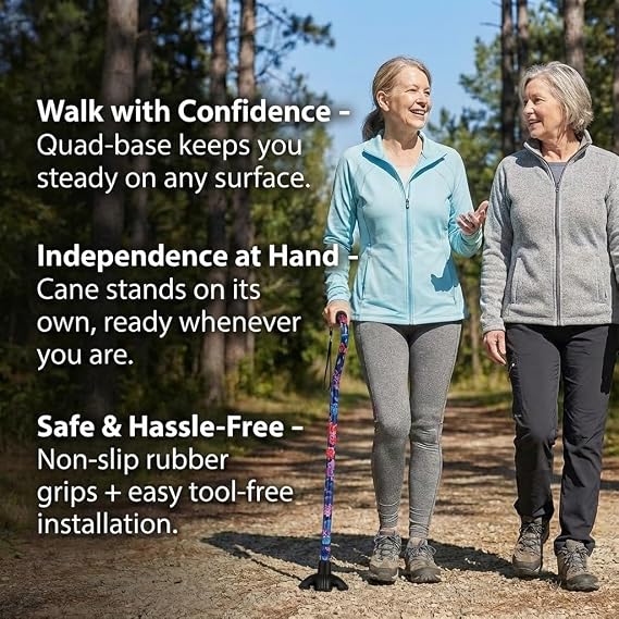 NOVA Stand Alone Quad Cane Tip Extra-Wide Self-Standing Rubber Base with Non-Slip Grip Traction, Replacement Walking Cane Tip for Stability & Balance, Fits All 3/4 Diameter Canes