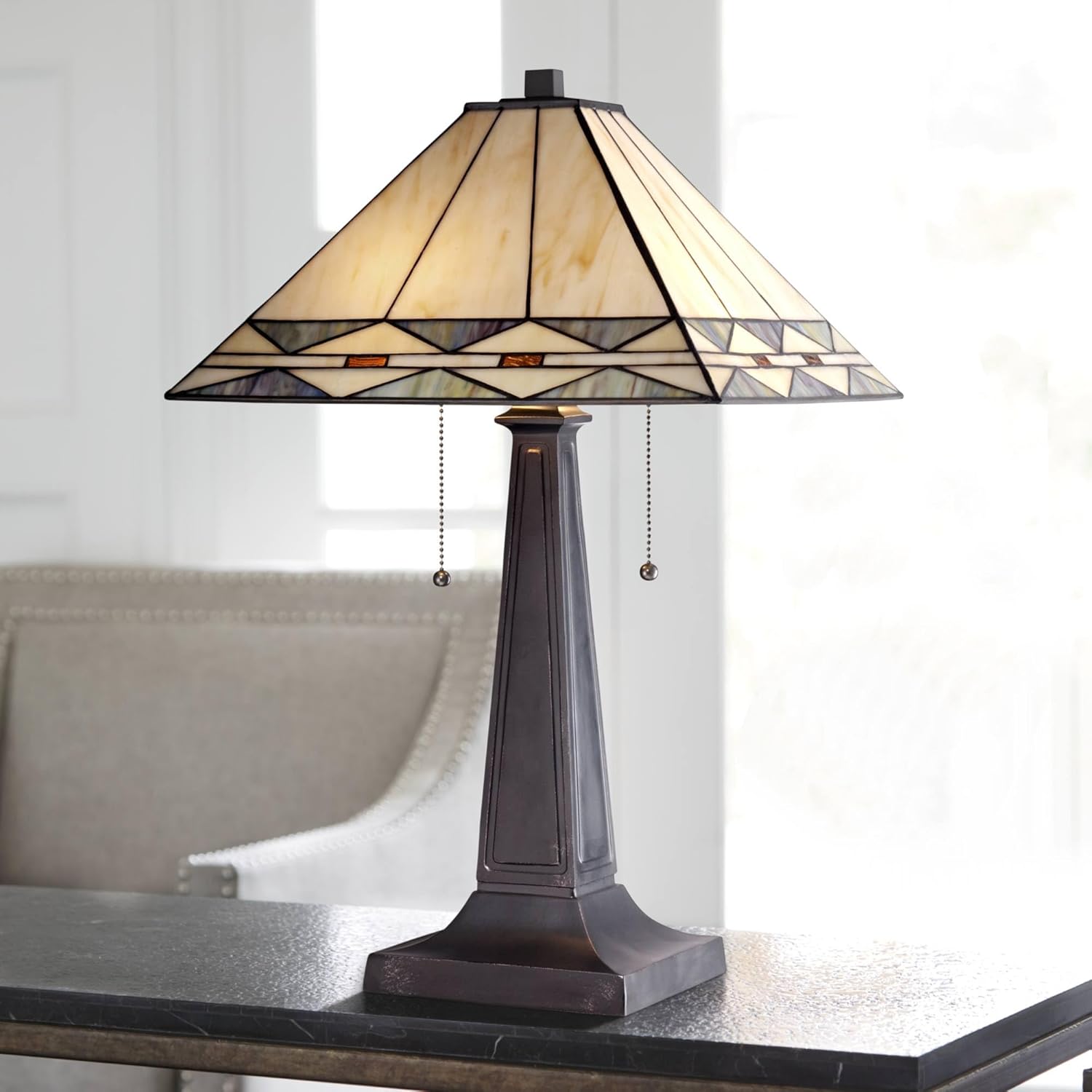 Robert Louis Tiffany Rustic Vintage Art Deco Tiffany Style Accent 3-Way Table Lamp Dimmable 21.5" High Bronze Brown Glass Art Square Shade Cottage Core Decor for Living Room Bedroom House Nightstand