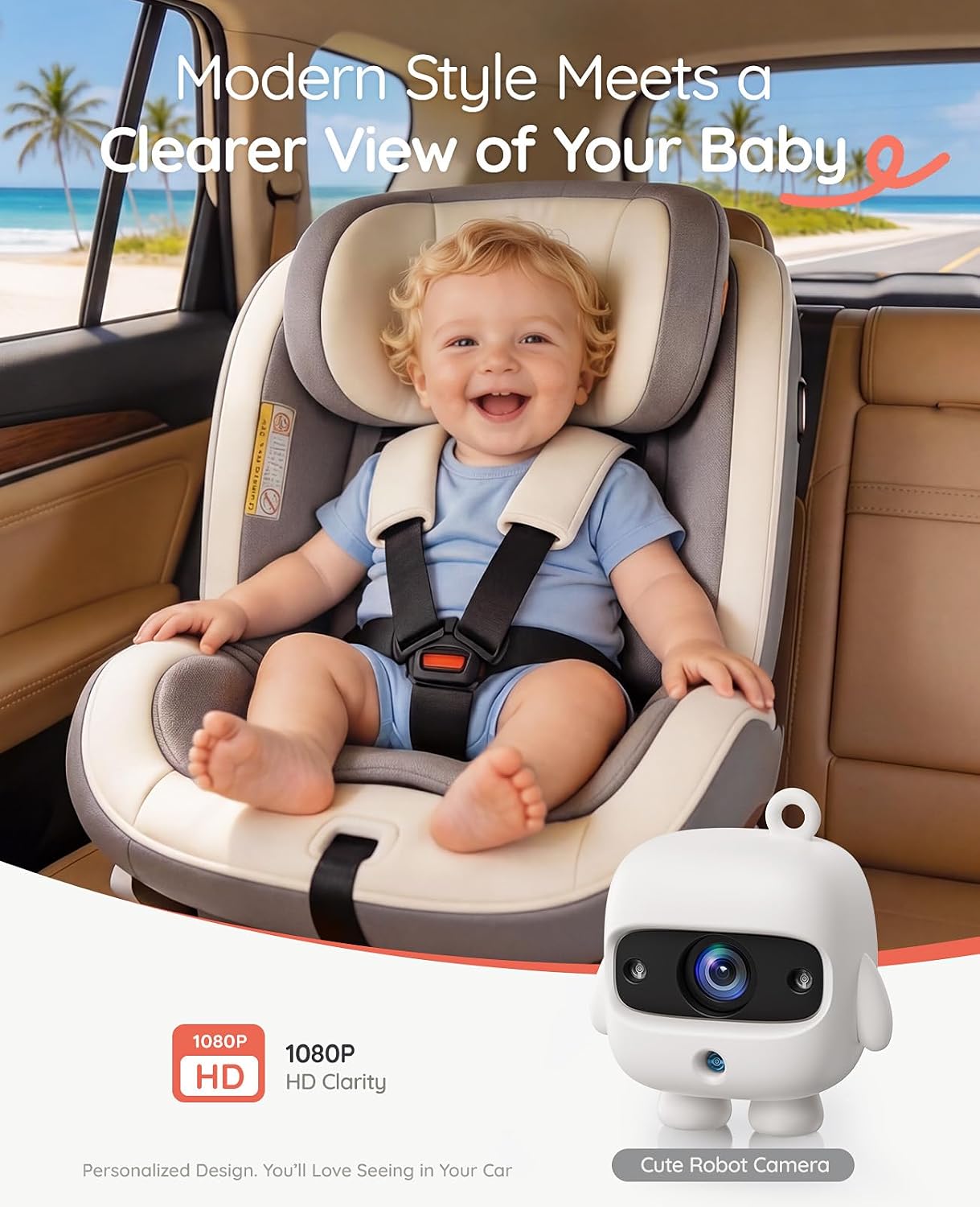 Babyvue Q1 Baby Car Monitor for Rear Facing Baby, Minimalist Foldable Screen, Auto-Brightness, 360° Rotating Base, No-Glow Night Vision, 3X Zoom, 1080P HD Baby Camera for Car, Easy USB Setup