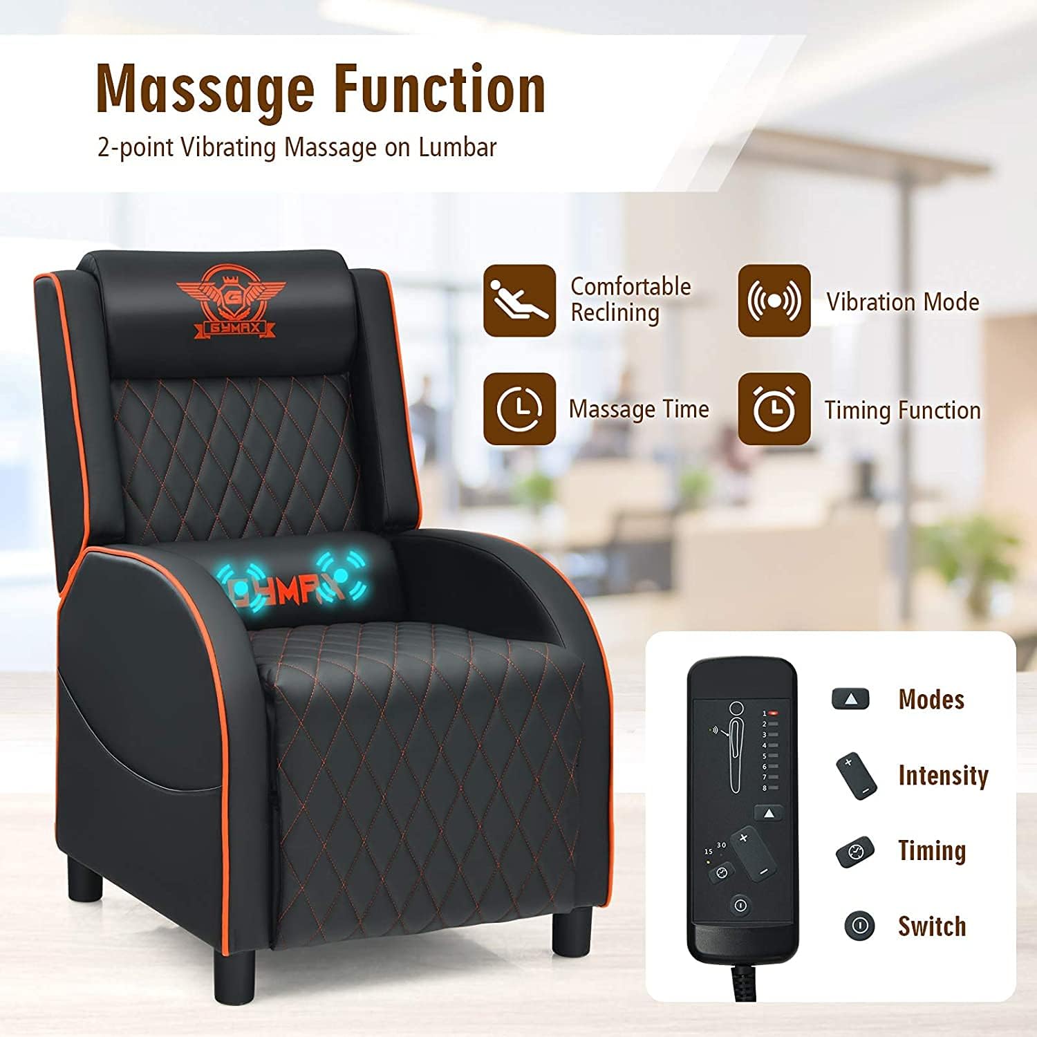 Massage Gaming Recliner Chair, PU Ergonomic Single Sofa w/Headrest, Lumbar Support, Racing Style Reclining Home Theater Seating for Living Bedroom Gaming Room (Orange)