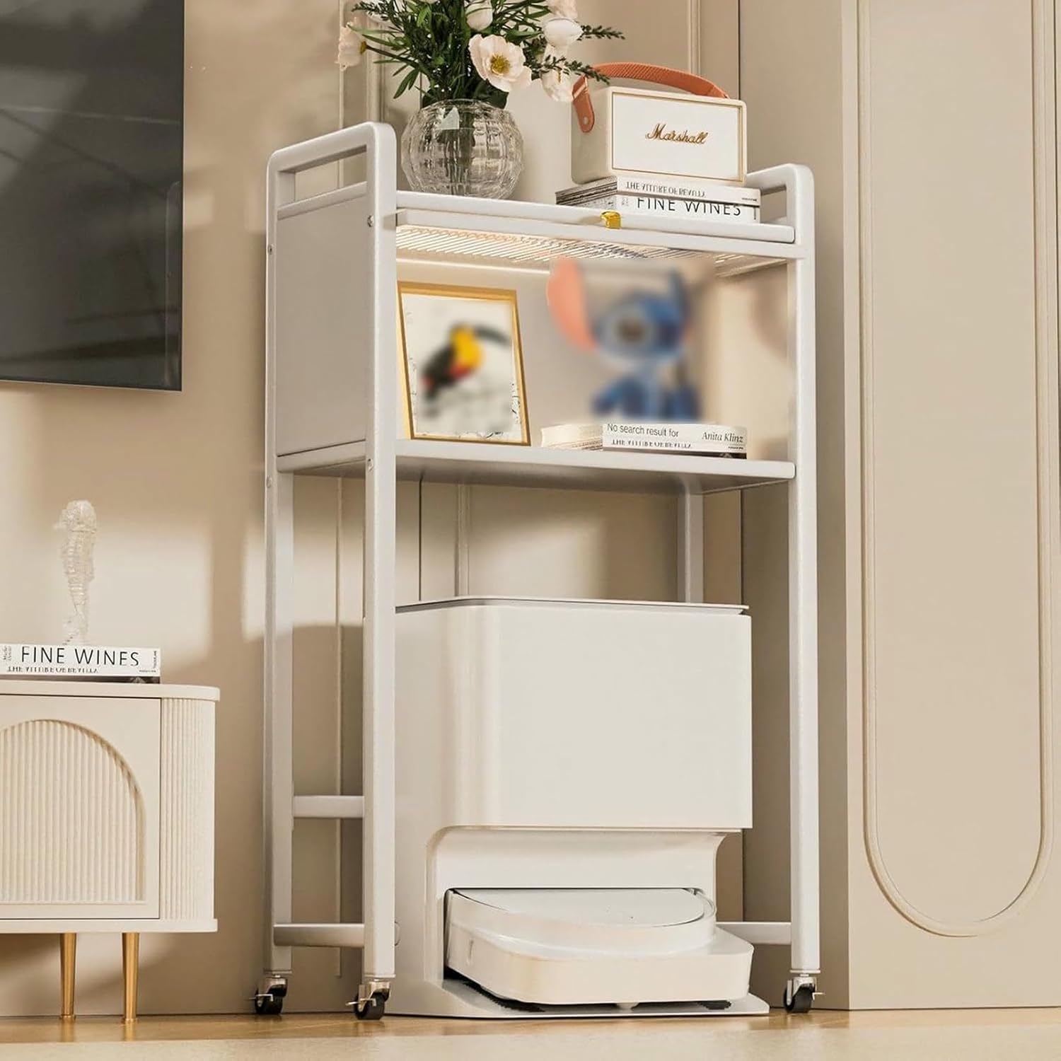 Metal Storage Cabinet with Drawers and Wheels, Robot Vacuum Cabinet, Sweeping Cleaner Rack for Living Room, Dining Room,Kitchen, Home Office