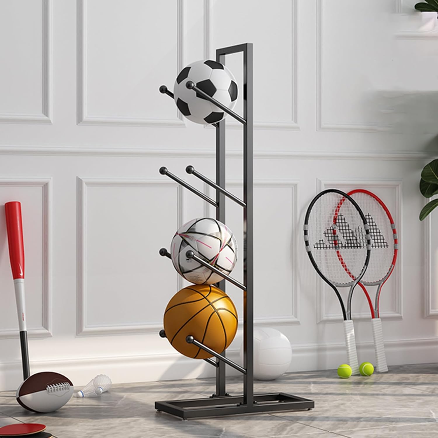 Sports Ball Organizer Holder Shelf Basketball Football Storage Rack, Narrow Balls Display Holder for Garage School Storehouse, Indoor/Outdoor Vertical Sport Equipment Organizer ()