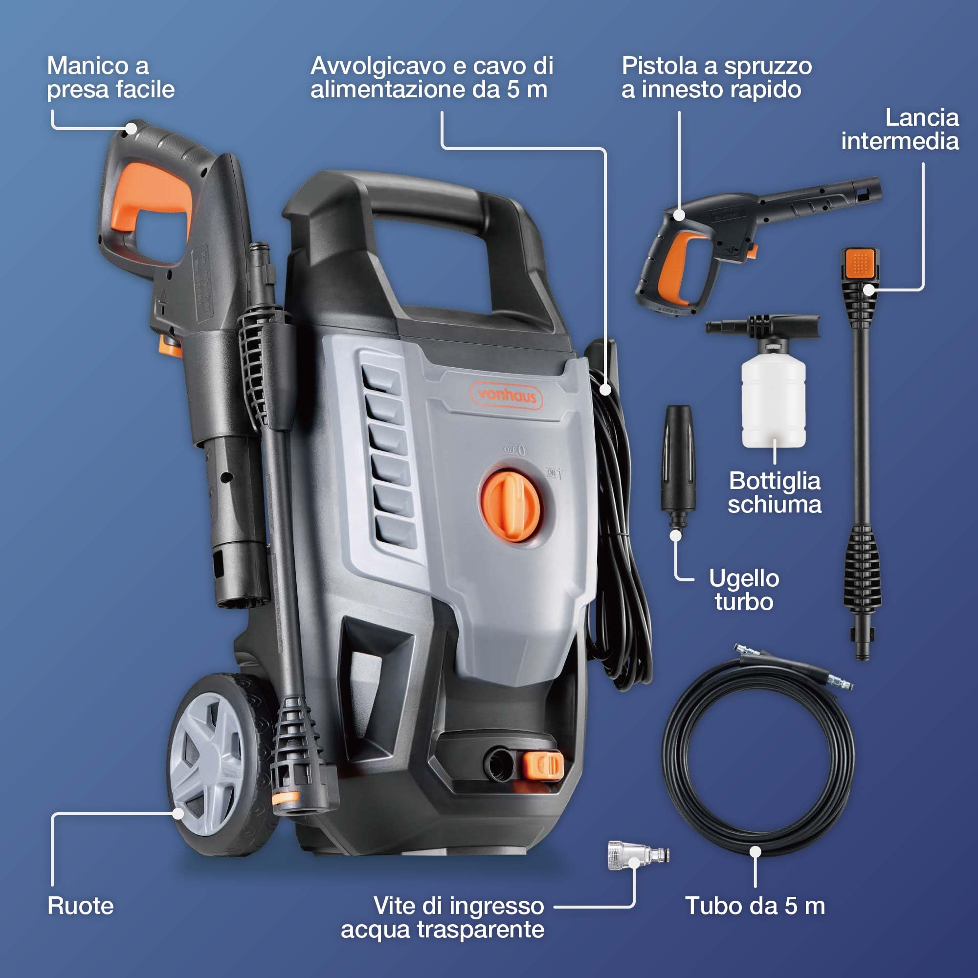 VonHaus Idropulitrice Elettrica 1600W, Con Set di 7 Accessori, Portatile | Idropulitrice ad Alta Pressione max.130 bar, Portata d'acqua 390 l/h, Con Tubo 5m per Auto, Patio e Muri