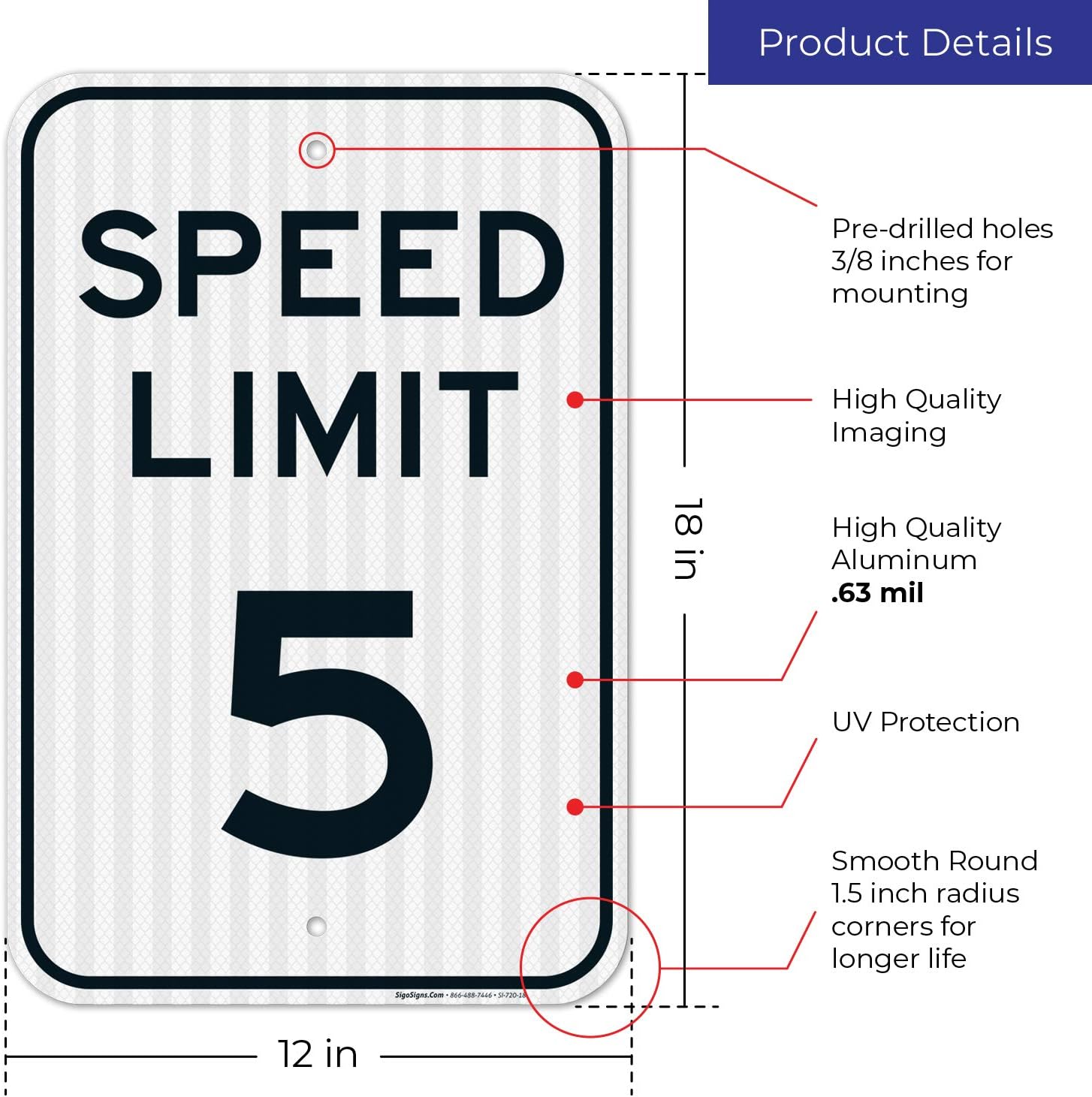 Speed Limit 5 MPH Sign, 12x18 Inches, 3M EGP Reflective .063 Aluminum, Fade Resistant, Made in USA