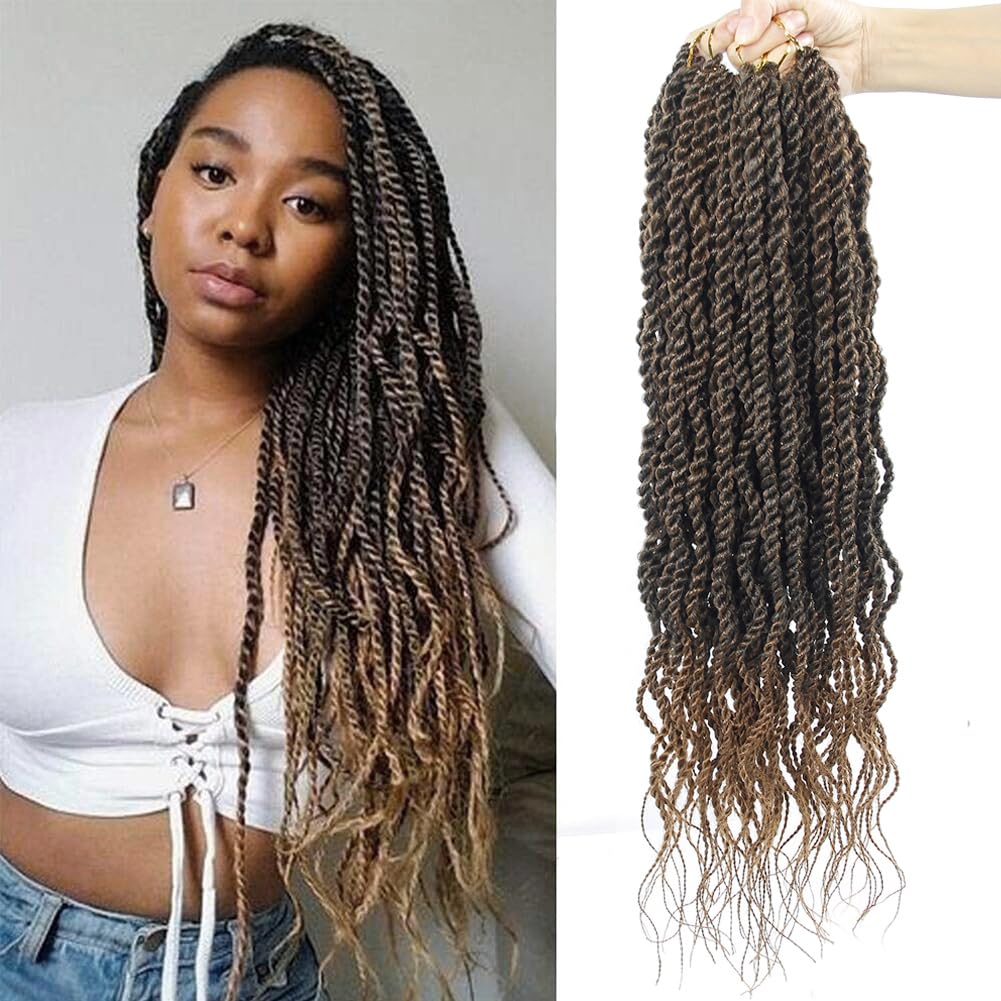 View 1 of 18Inch Wavy Senegalese Twist Crochet Hair Braids Wavy Ends Synthetic Hair Extension Curly Crochet Twist Braiding Hair (8Packs,T1B/27)