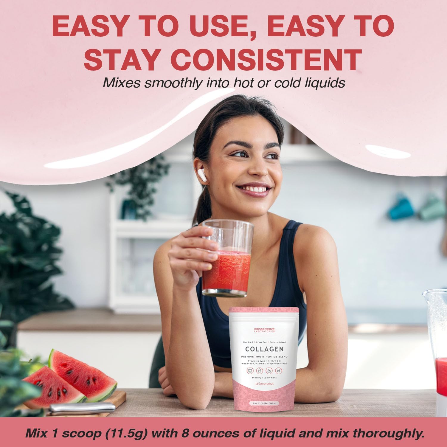 Multi-Type Collagen Powder (Watermelon) – Types I, II, III, V & X for Skin, Hair, Nail & Joint Support – Multi Collagen Supplement With Biotin, Vitamin C & Hyaluronic Acid – Grass-Fed, Non-GMO