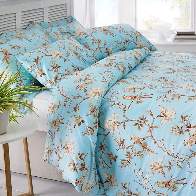 Great Knot 100% Egyptian Cotton Sateen Printed Birds Floral Duvet Cover Set Premium Quality Quilt Bedding With Pillowcases (Blue, Single)