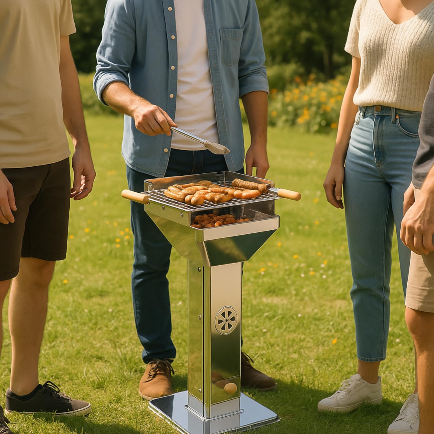 Säulengrill Holzkohle 82 cm Höhe – Holzkohlegrill Edelstahl mit verstellbarem Verchromtem Grillrost 36,5x36,5 cm Standgrill verwendbar als Feuerschale Kohlegrill